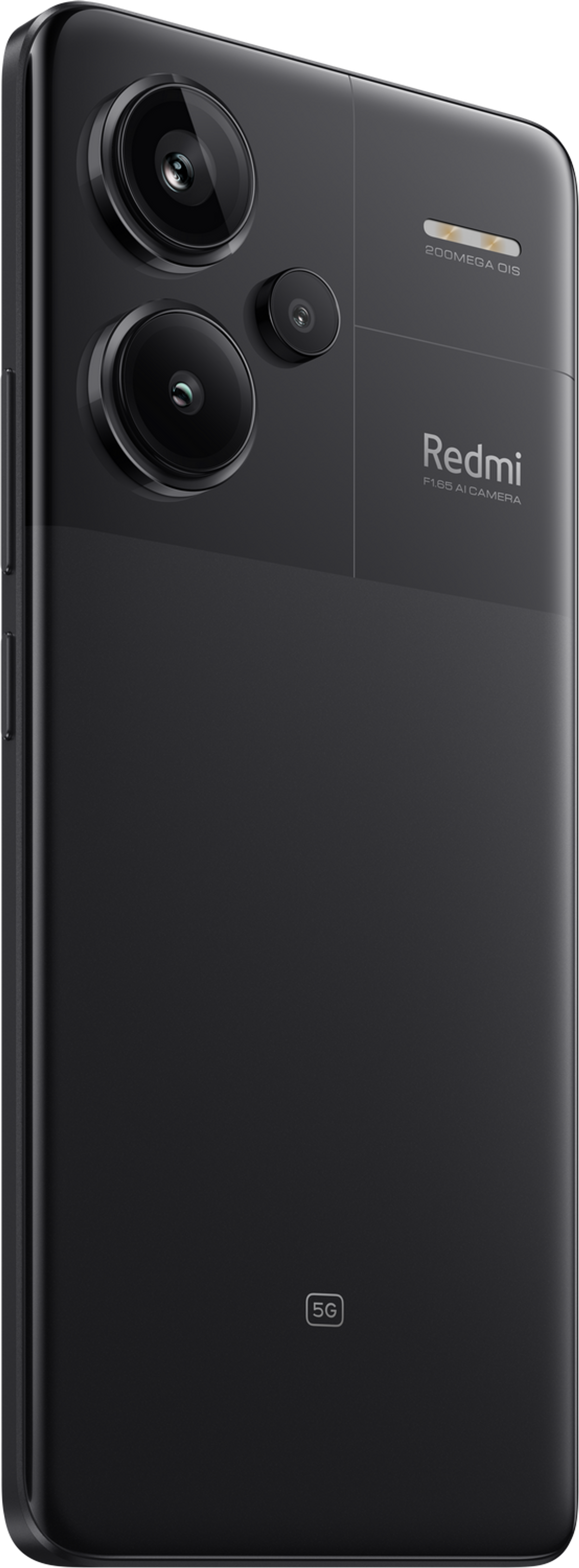 Czarny smartfon z trzema tylnymi aparatami, czarnym tyłem i logo 5G.