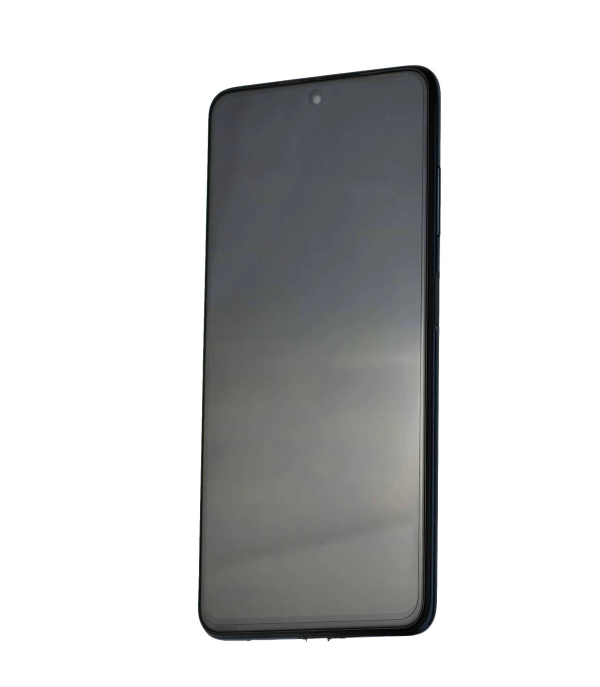 Ein schwarzes Smartphone. Der Bildschirm ist schwarz, oben befindet sich eine Kamera. Das Telefon hat einen dunkelblauen Rahmen.