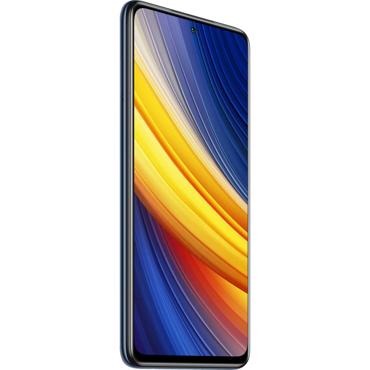 Blaues Smartphone in Seitenansicht. Das Telefon hat einen lebendigen Farbverlauf auf dem Display.