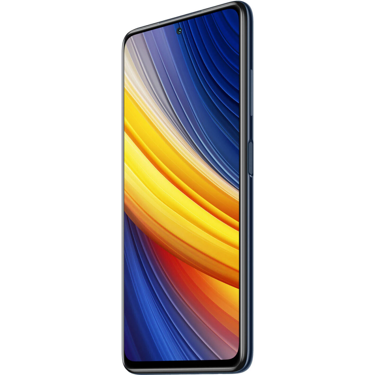 Blaues und gelbes Smartphone mit gewölbtem Bildschirm. Es ist eine Seitenansicht. Schlankes Design.