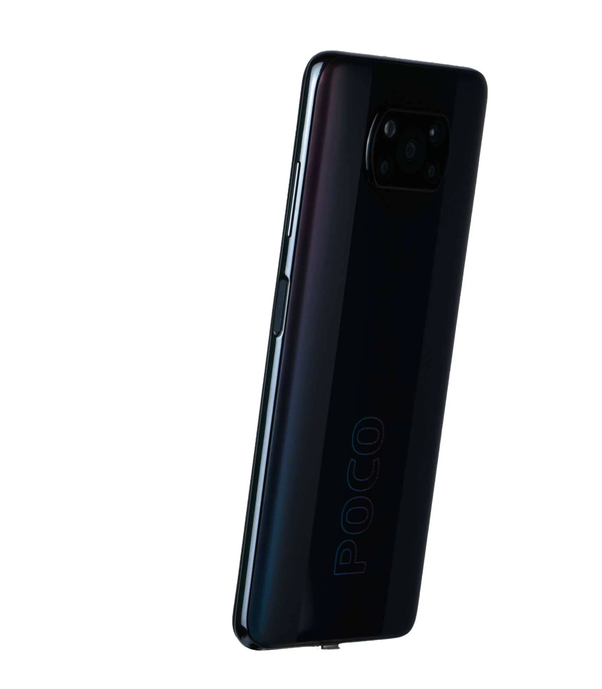 Schwarzes Smartphone, Rückansicht. POCO-Markenname in Blau sichtbar.