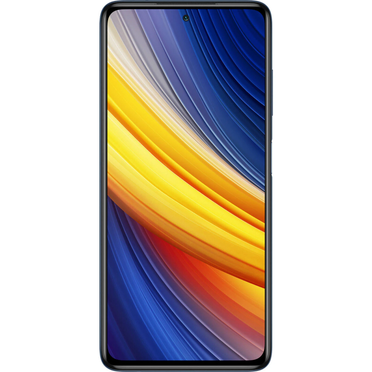 Smartphone, Vorderansicht, Bildschirm zeigt ein farbenfrohes, abstraktes Design mit Gelb und Blau.