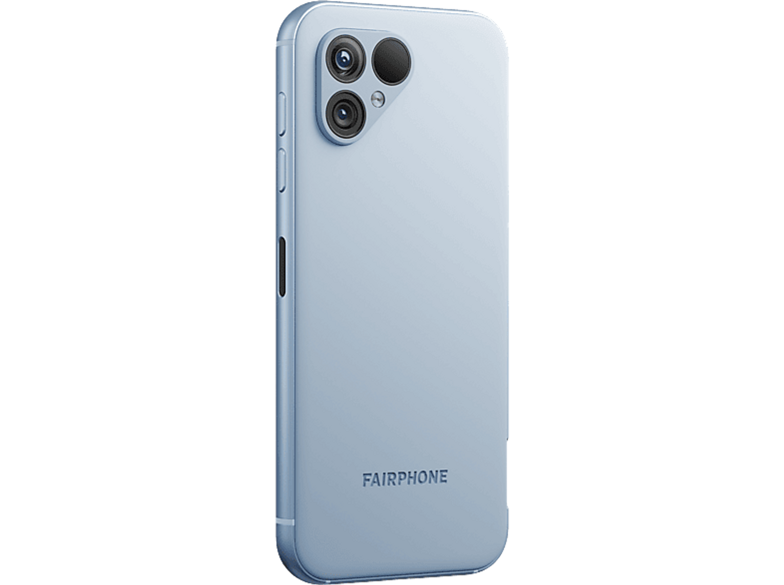 Hellblaues Fairphone von hinten, mit Kameras und Logo deutlich sichtbar.