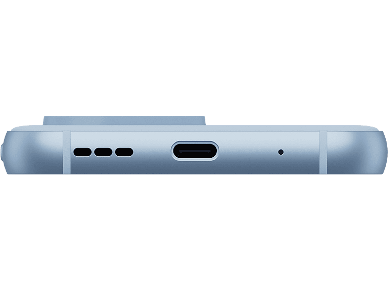 Unterseite eines hellblauen Telefons mit USB-C-Anschluss, Lautsprechern und einem Mikrofonloch sichtbar.