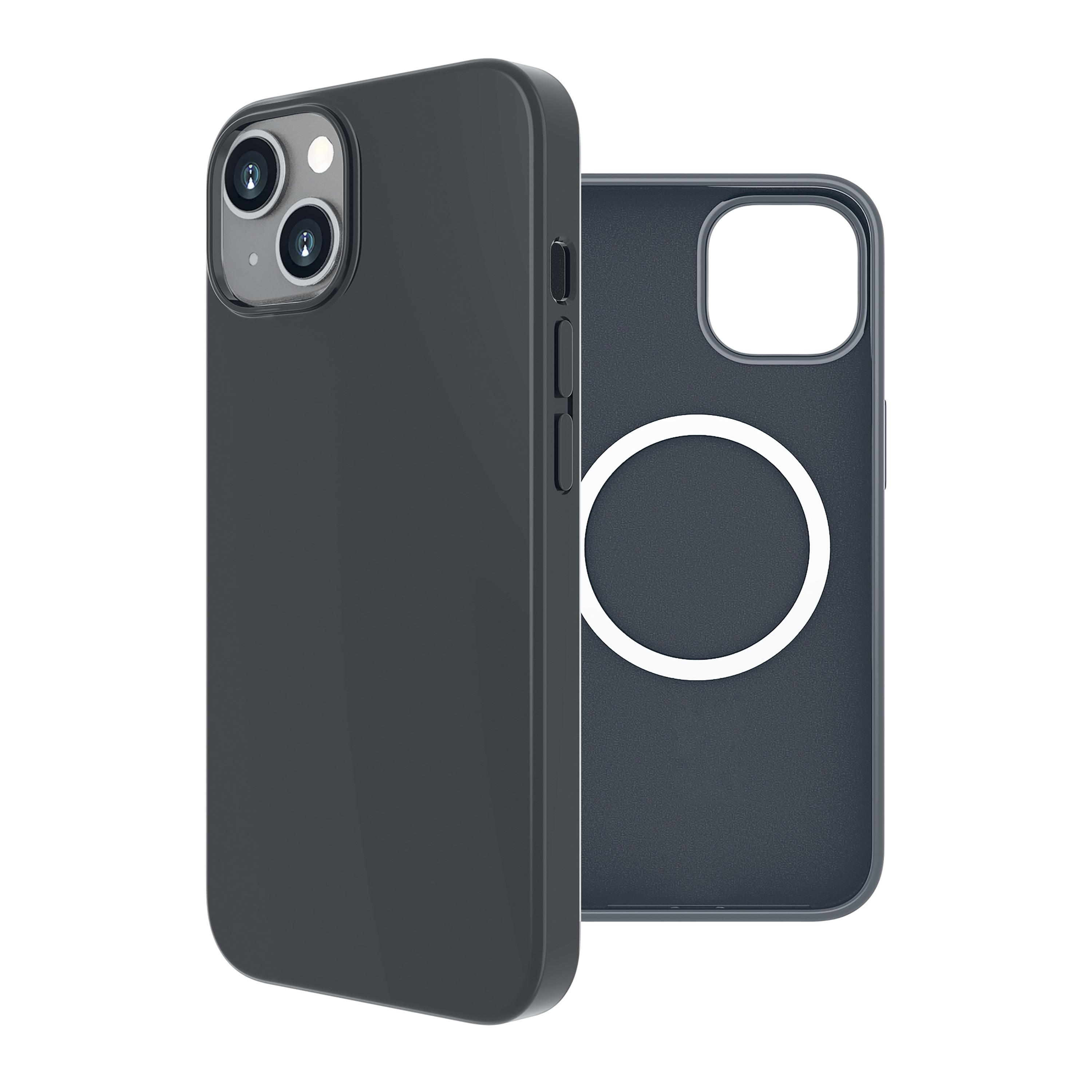 Funda de teléfono negra, con un círculo blanco y un teléfono dentro.