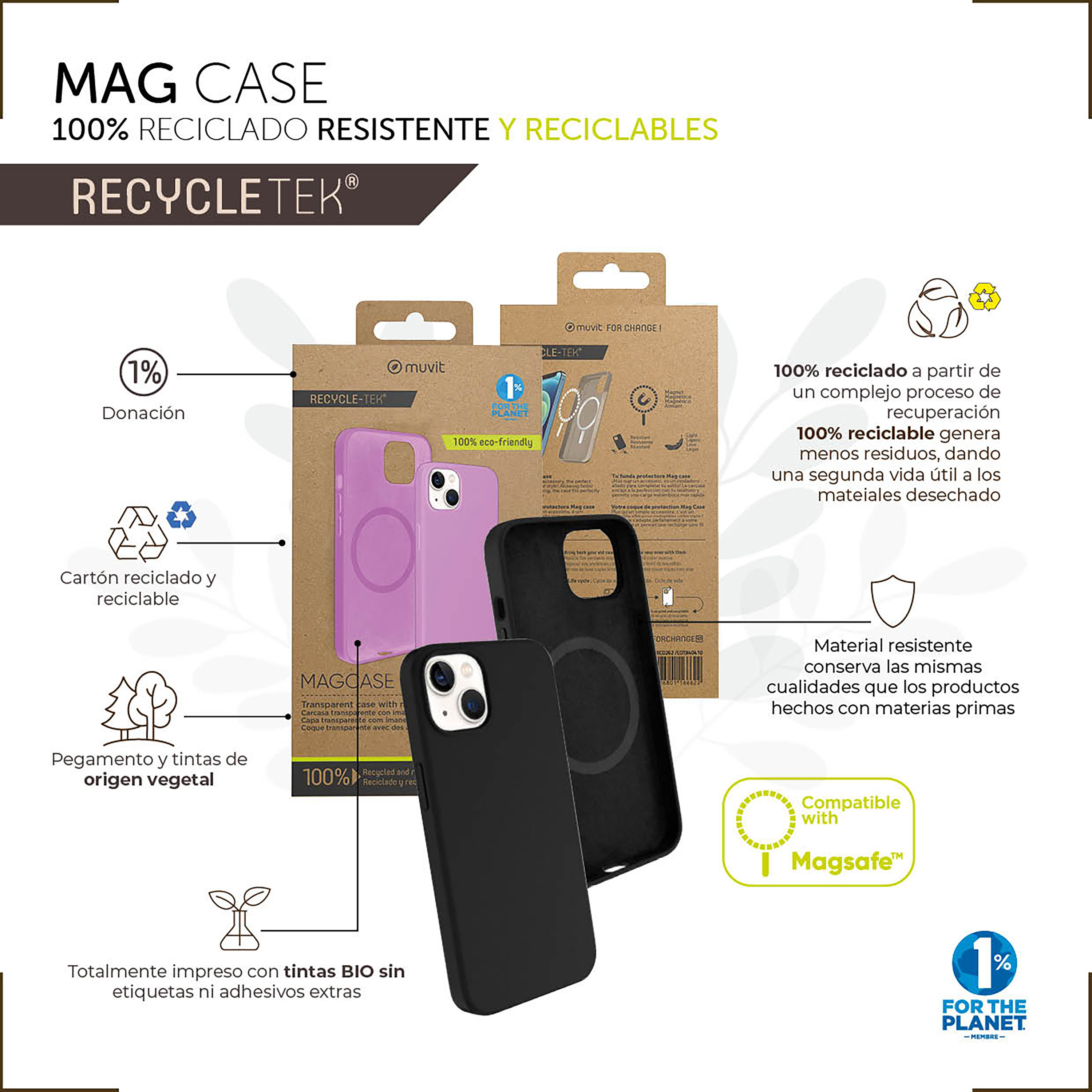 Embalaje Mag Case con dos fundas para teléfono. Contiene texto e imágenes sobre sostenibilidad.