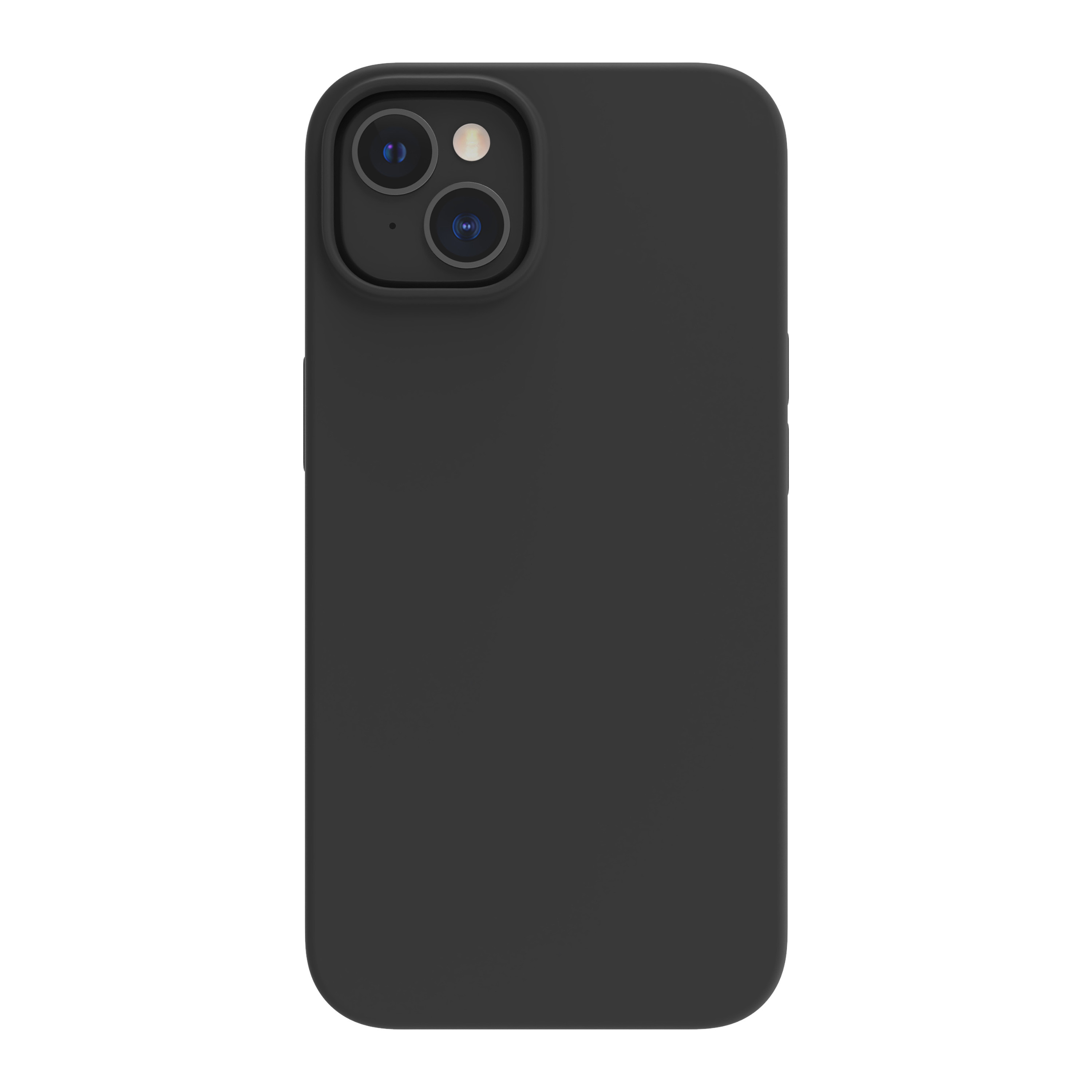 Funda de teléfono negra con una configuración de triple cámara. La funda es lisa y cubre la parte trasera del teléfono.
