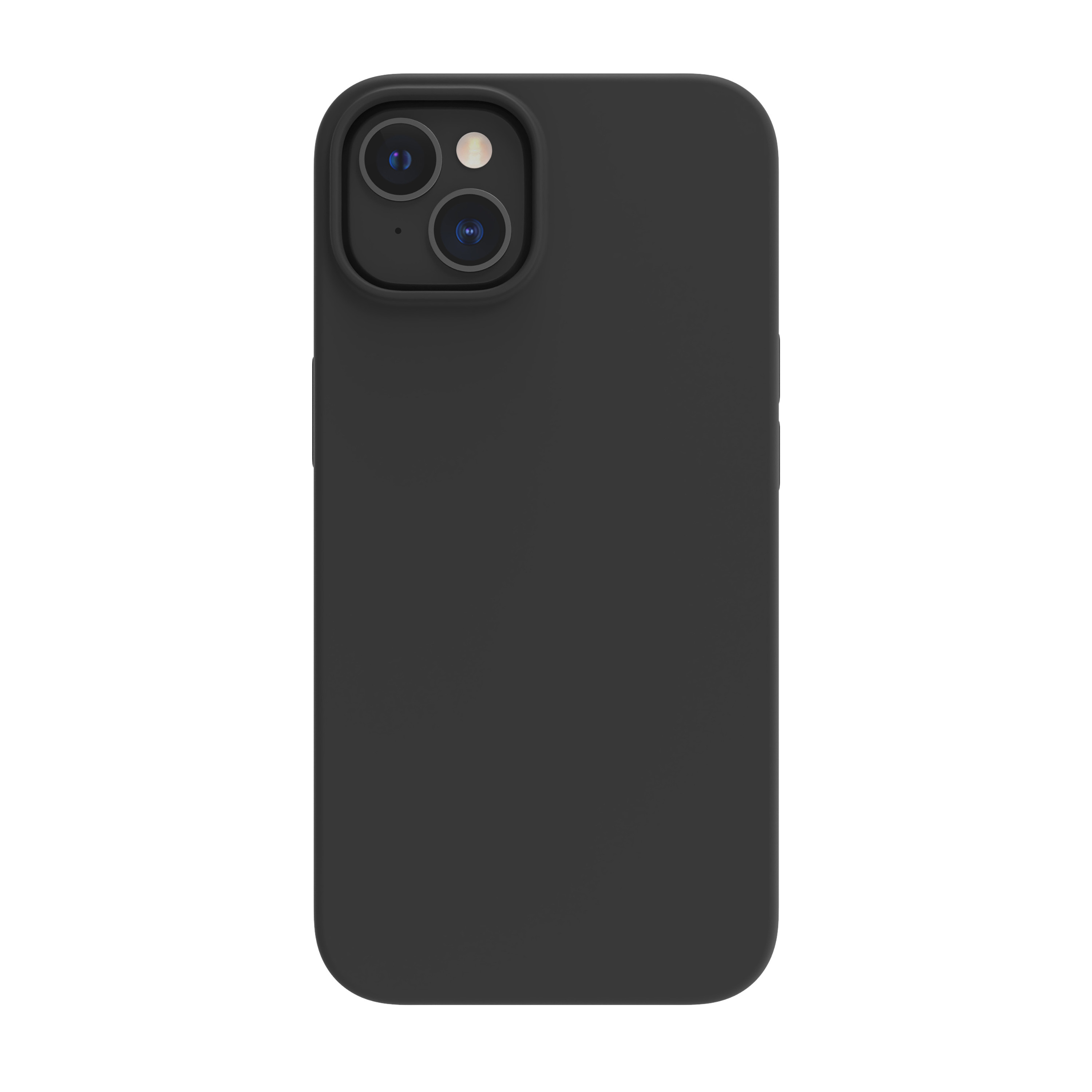 Una funda negra para iPhone con una protuberancia para la cámara, mostrando la parte trasera del teléfono.