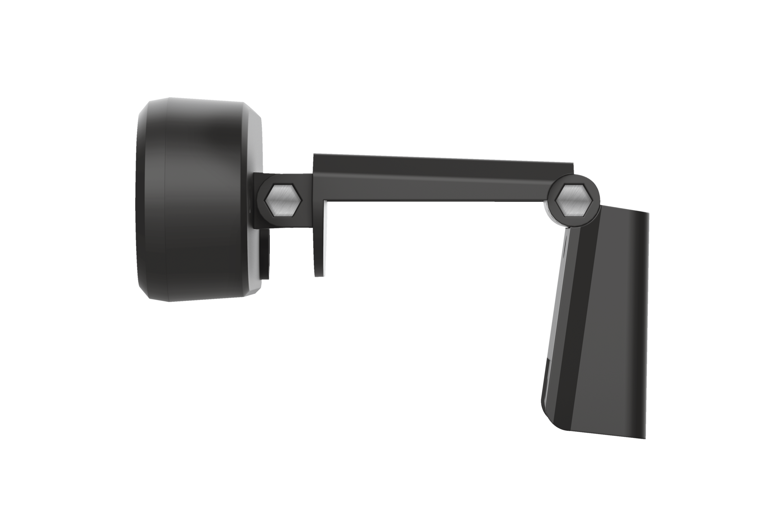 Una webcam negra con brazo ajustable, contra un fondo negro.