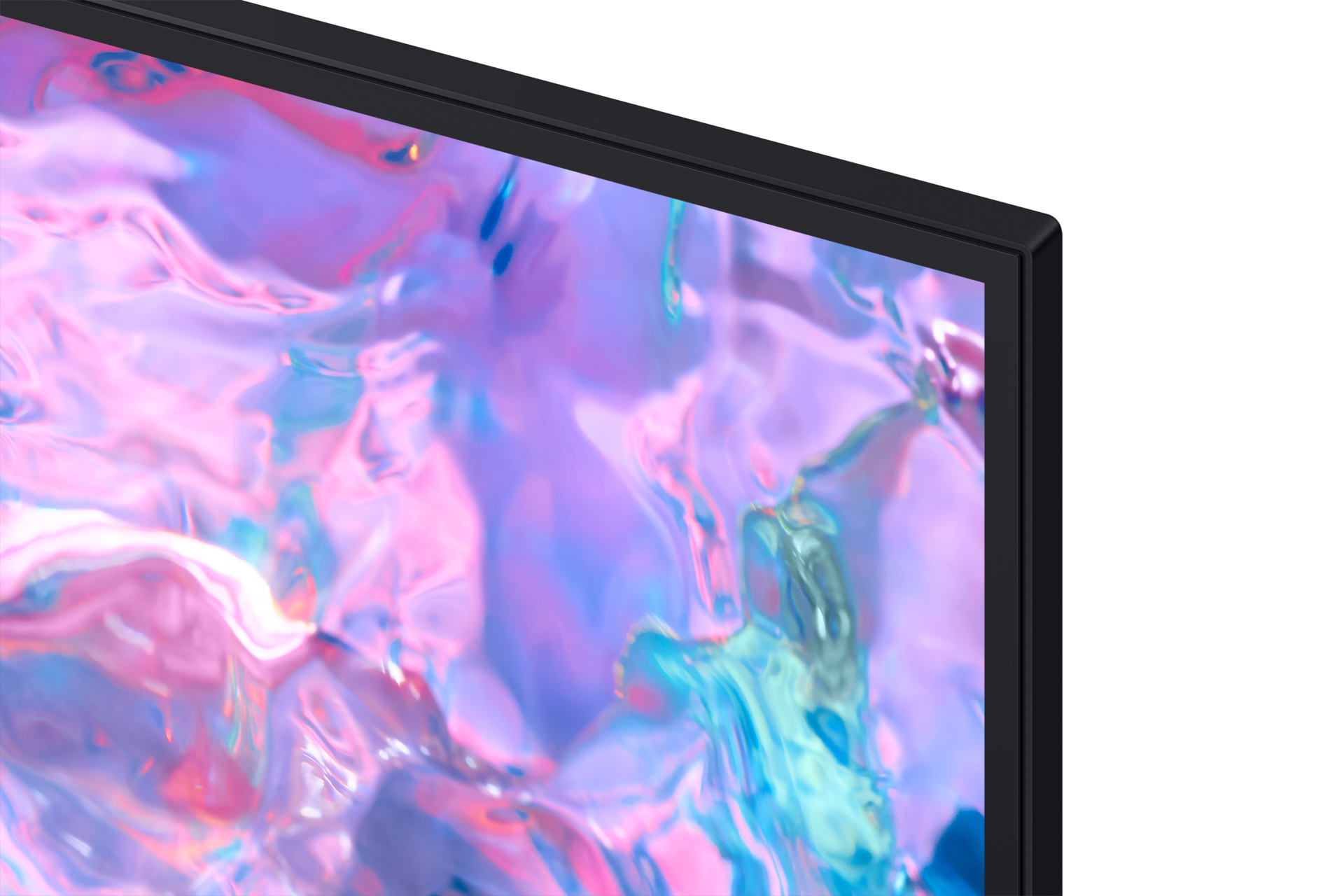 Zbliżenie czarnej ramki wokół fioletowego, niebieskiego i białego abstrakcyjnego ekranu telewizora.
