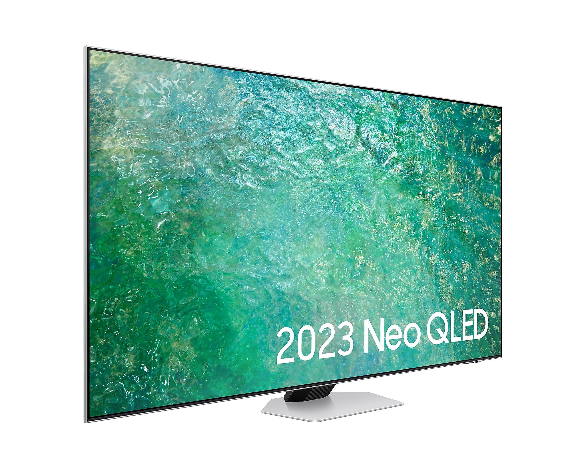 Samsung Neo QLED TV, schräge Ansicht. Silberner Sockel, schwarzer Rahmen und '2023 Neo QLED'.