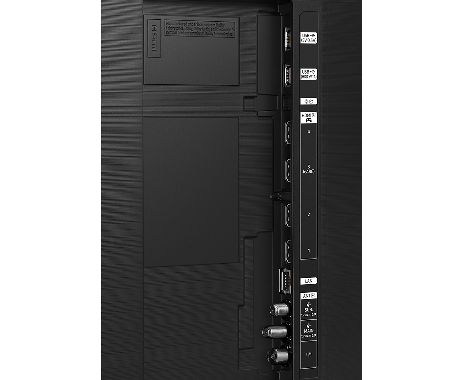 Rückseite eines schwarzen Fernsehers mit Anschlüssen. HDMI, USB und andere Anschlüsse sind sichtbar.