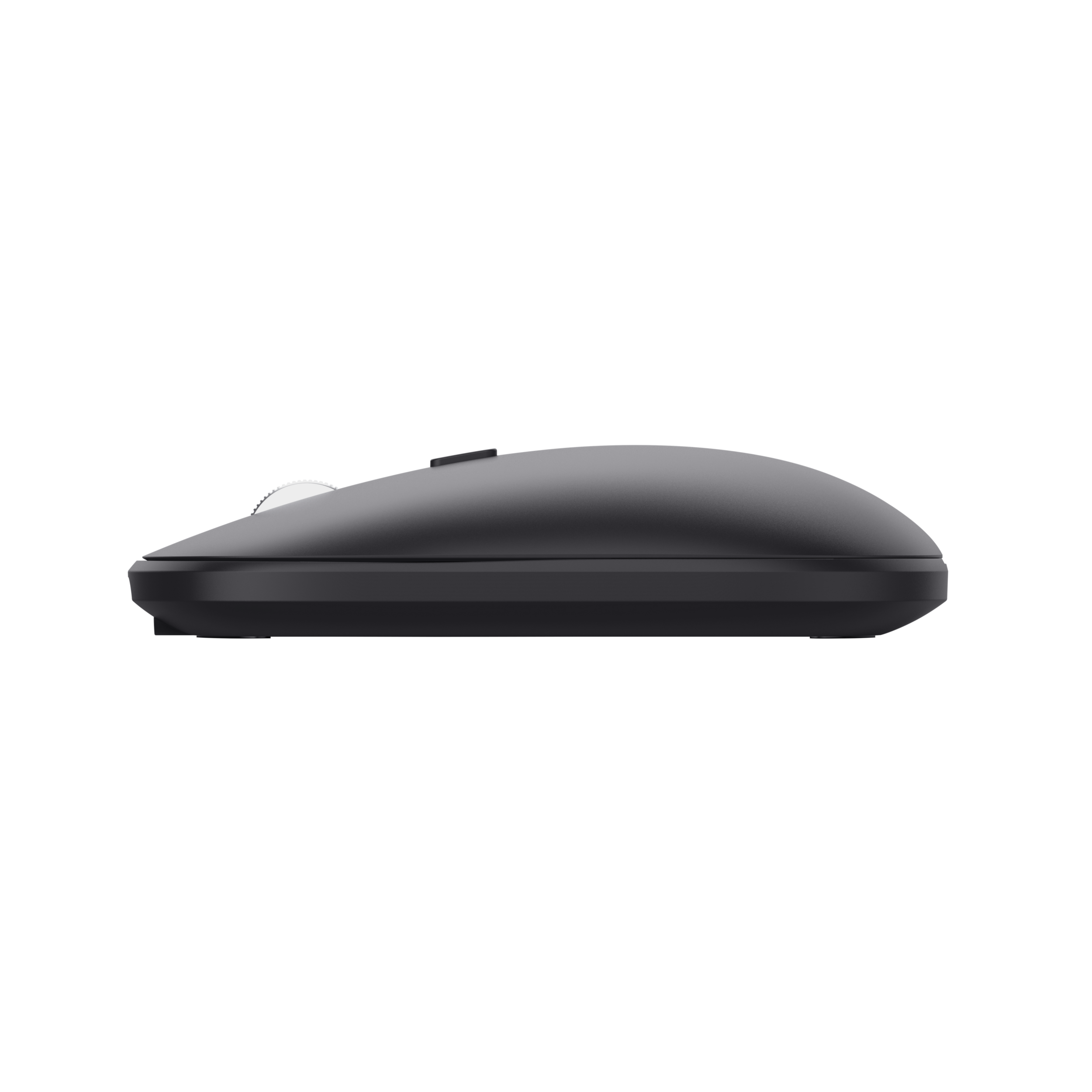 Czarna mysz bezprzewodowa. Widok z boku, z gładką, zakrzywioną, ergonomiczną konstrukcją.