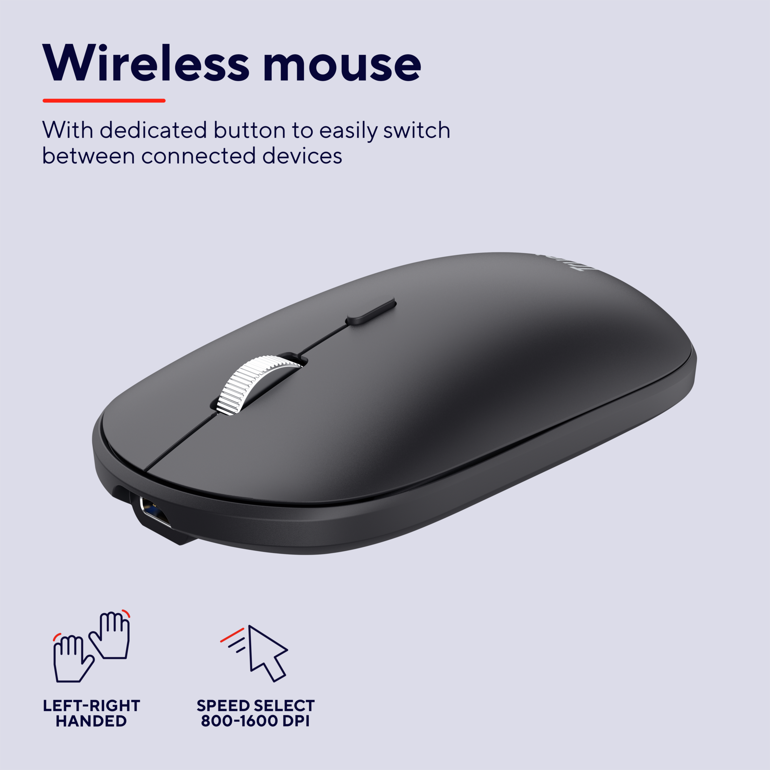 Czarna mysz bezprzewodowa z kółkiem przewijania i dedykowanym przyciskiem.