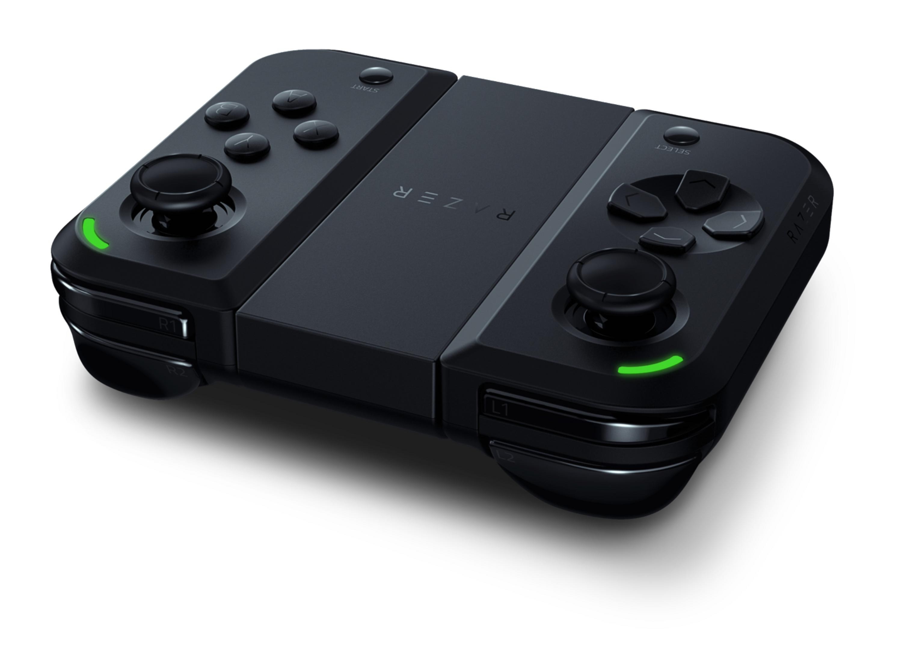 Schwarzer Razer-Controller, zwei Teile, mit Joysticks und Knöpfen. Weißer Hintergrund.