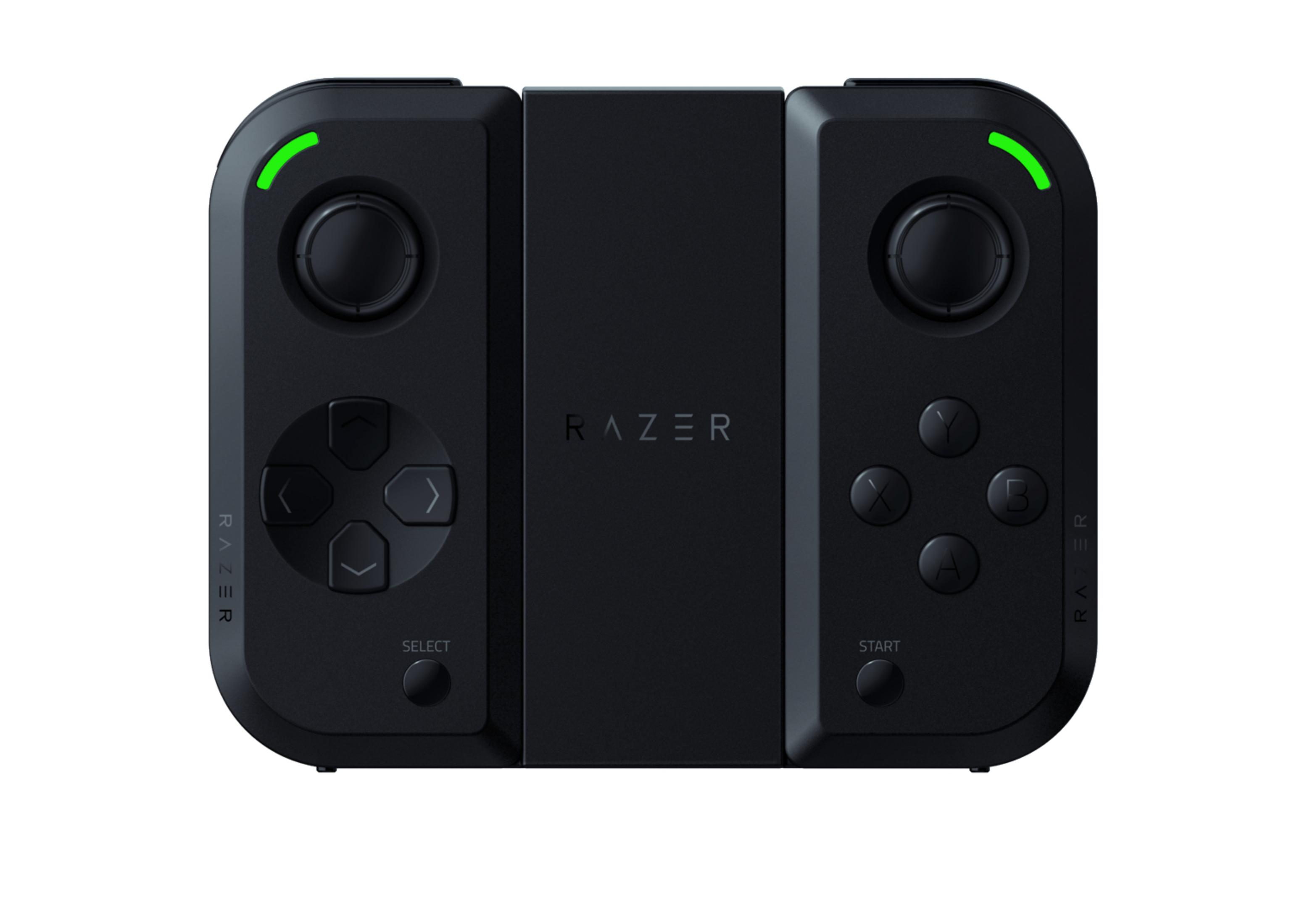 Ein schwarzer Razer-Gaming-Controller mit Knöpfen und Razer-Logo, mit grünen Lichtern.