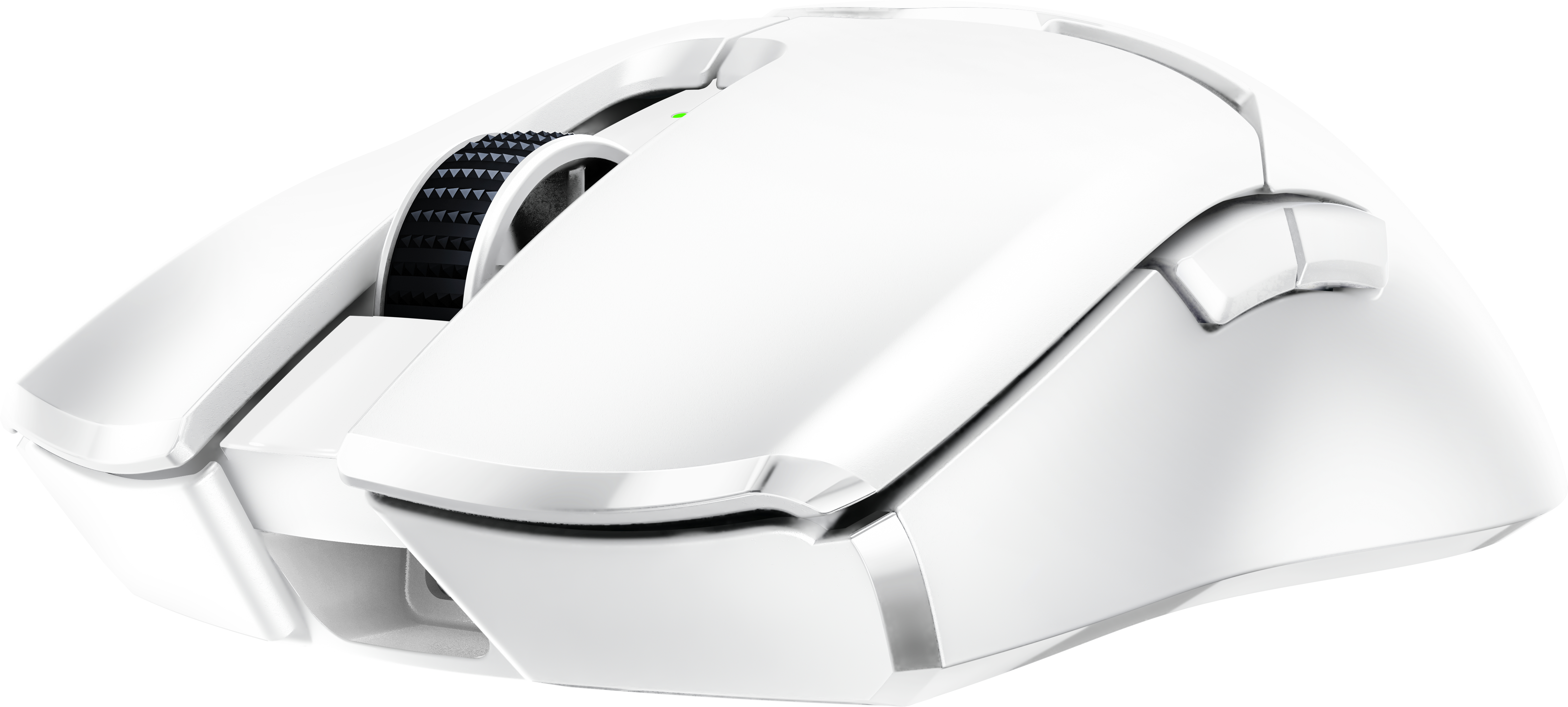 Mouse da gioco wireless bianco con pulsanti multipli e rotella.