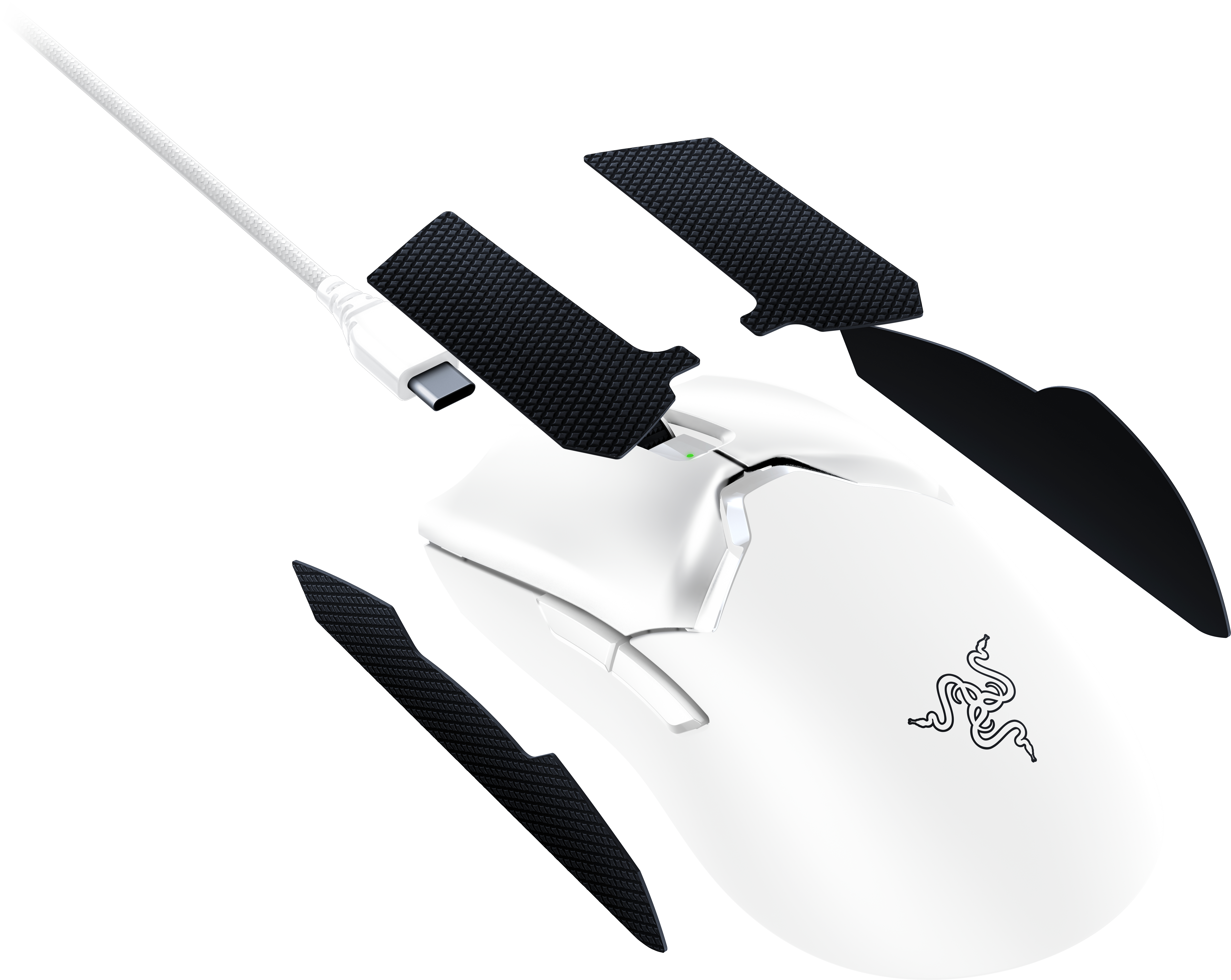 Un mouse da gioco bianco con grip neri e logo Razer, smontato per mostrare i componenti.