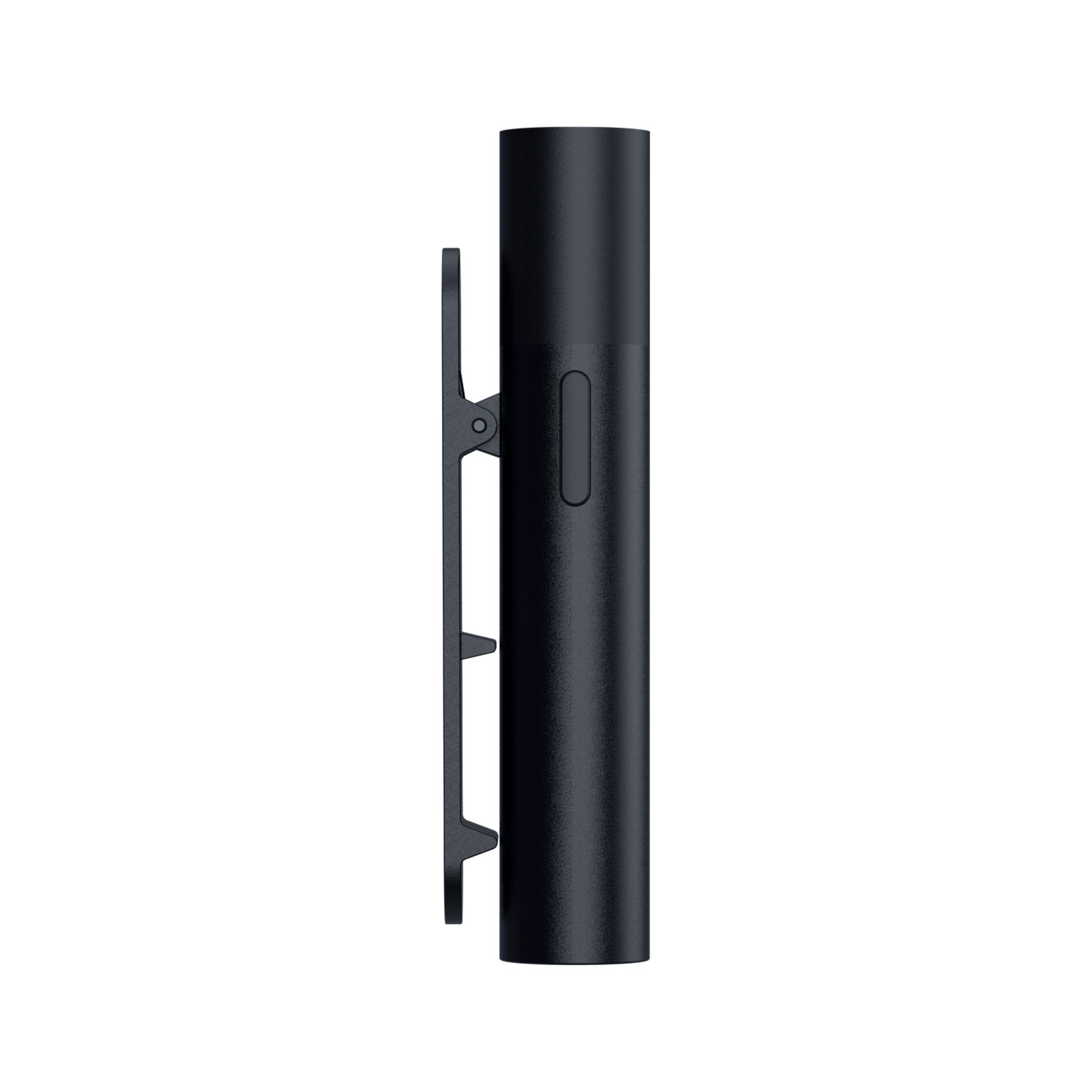 Black microphone with a clip on white background.