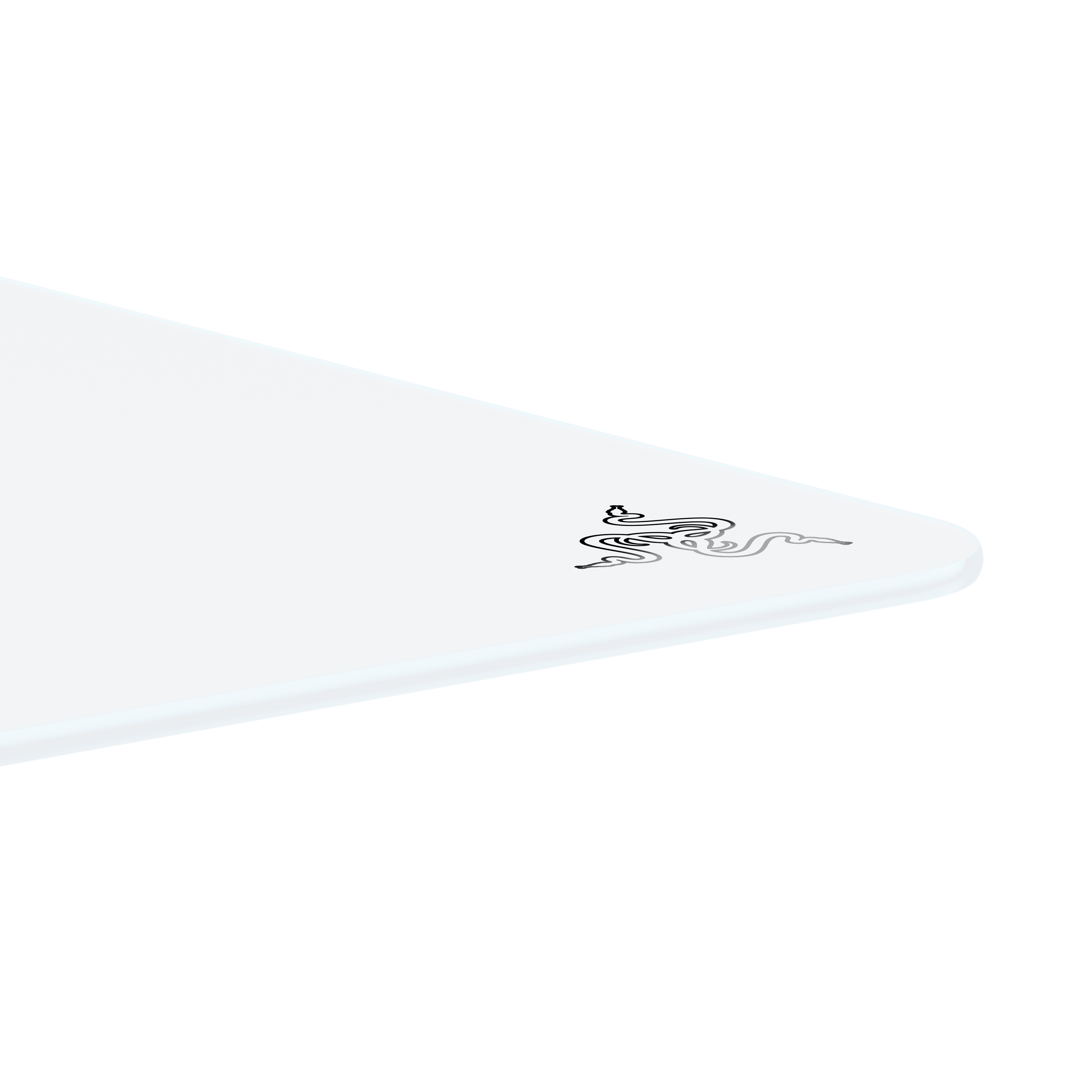 Biały róg biurka z logo Razer. Białe tło.