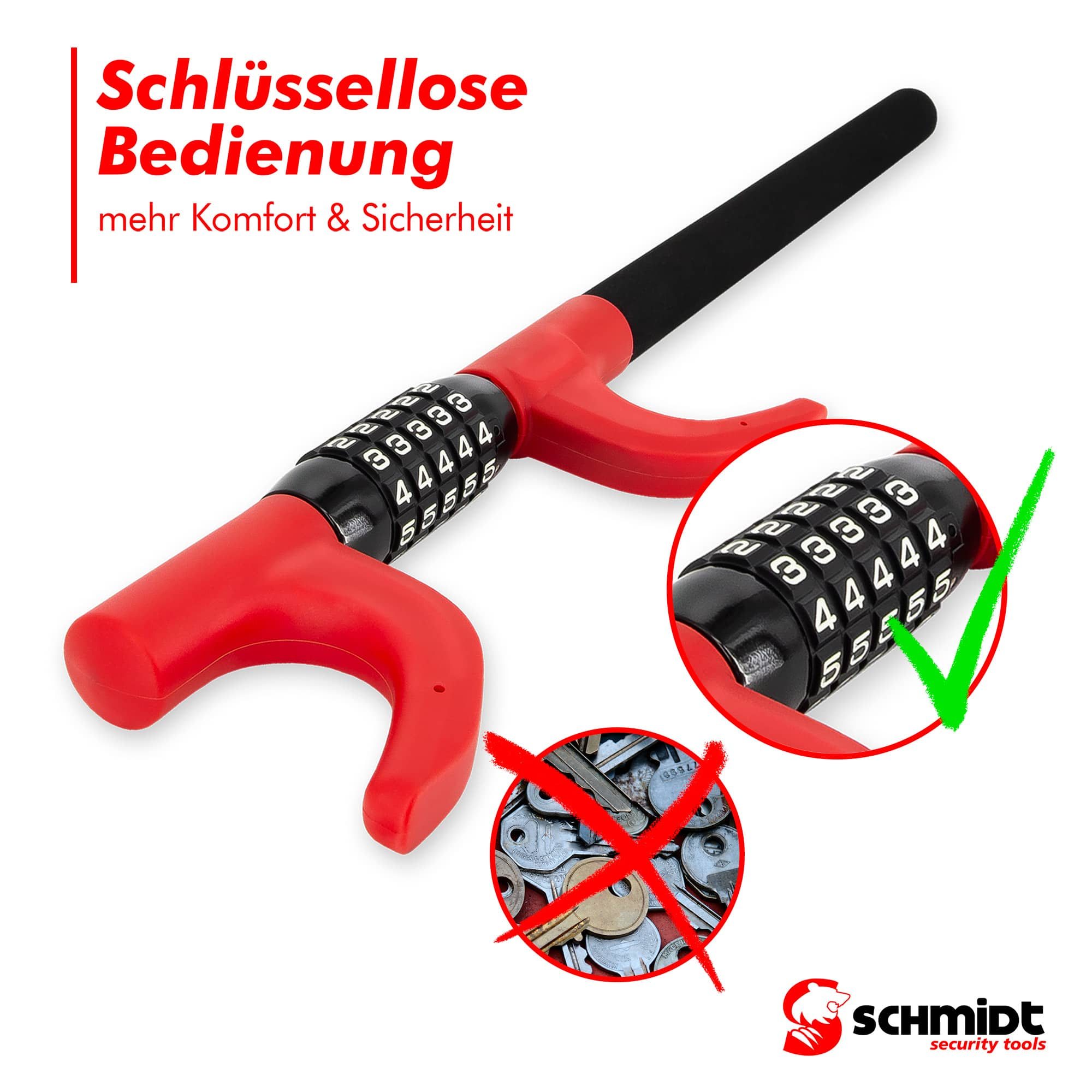 Rotes Autoschloss mit Kombinationsrad. Ein Schlüssel ist durchgestrichen.