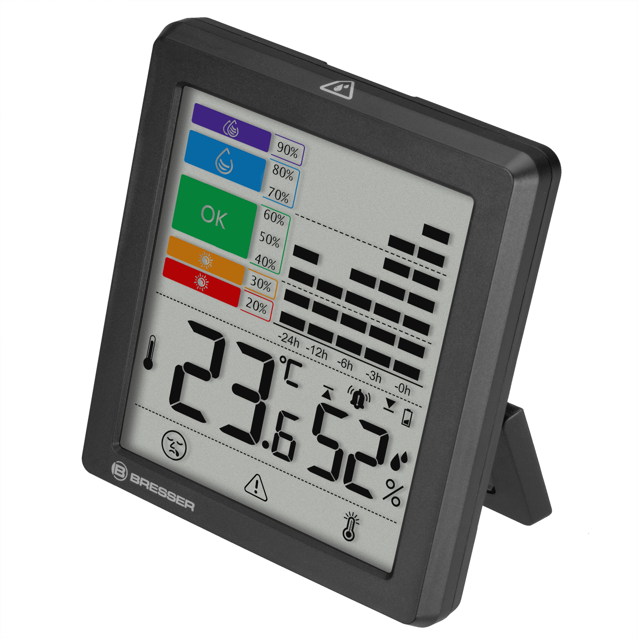 Digitales Hygrometer mit schwarzem Gehäuse und LCD-Display, zeigt Temperatur und Luftfeuchtigkeit.