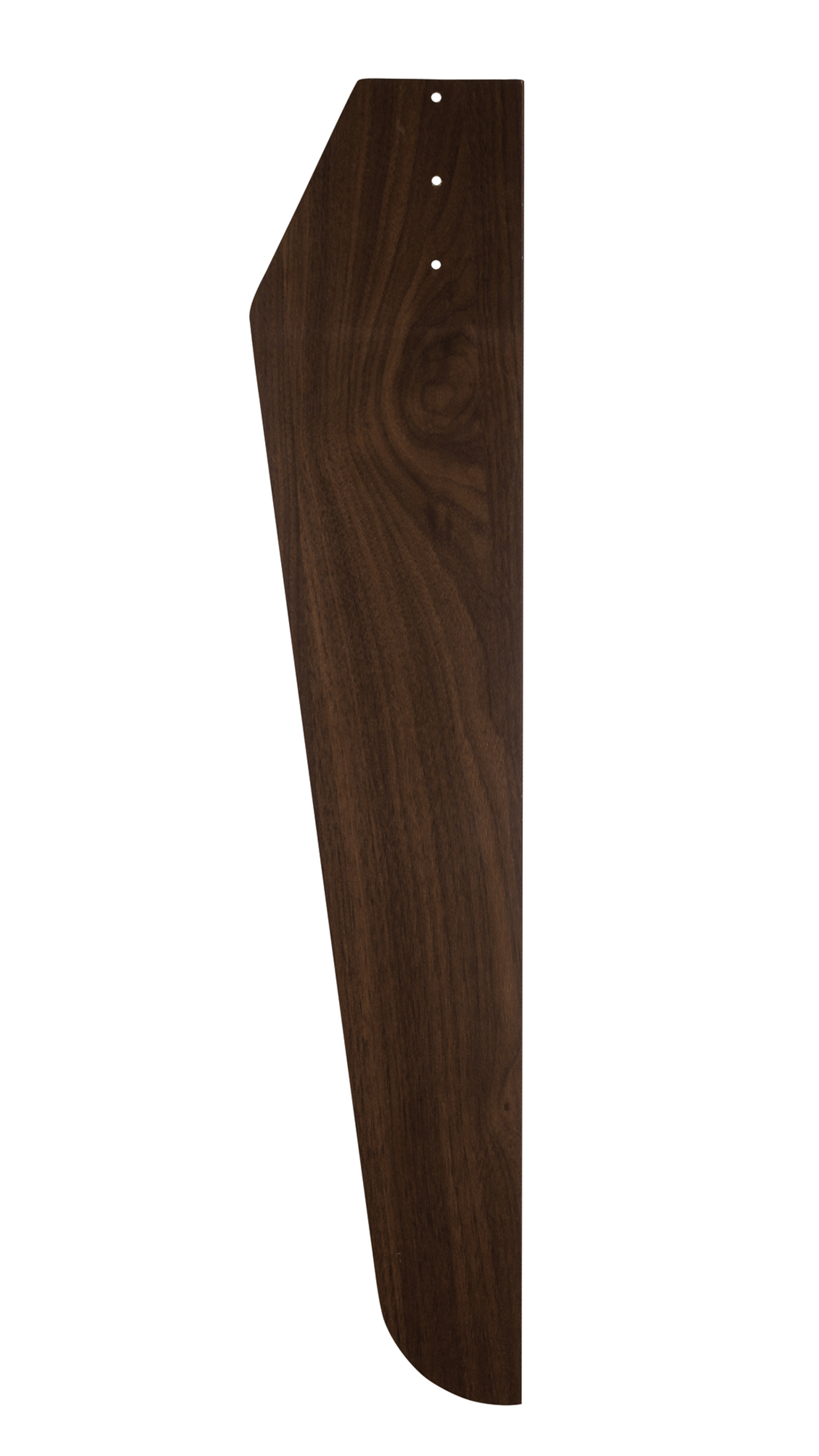 Una pala di ventilatore in legno, con un ricco colore marrone. Ha una forma unica e tre fori.