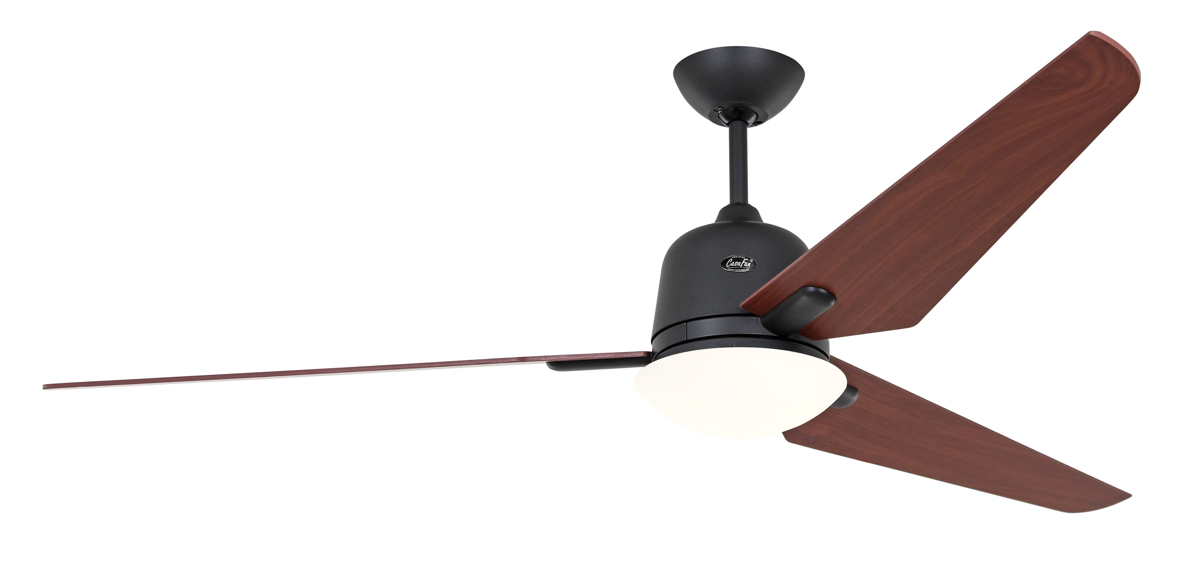 Ventilatore da soffitto con tre pale in legno. Motore grigio scuro e luce al centro.