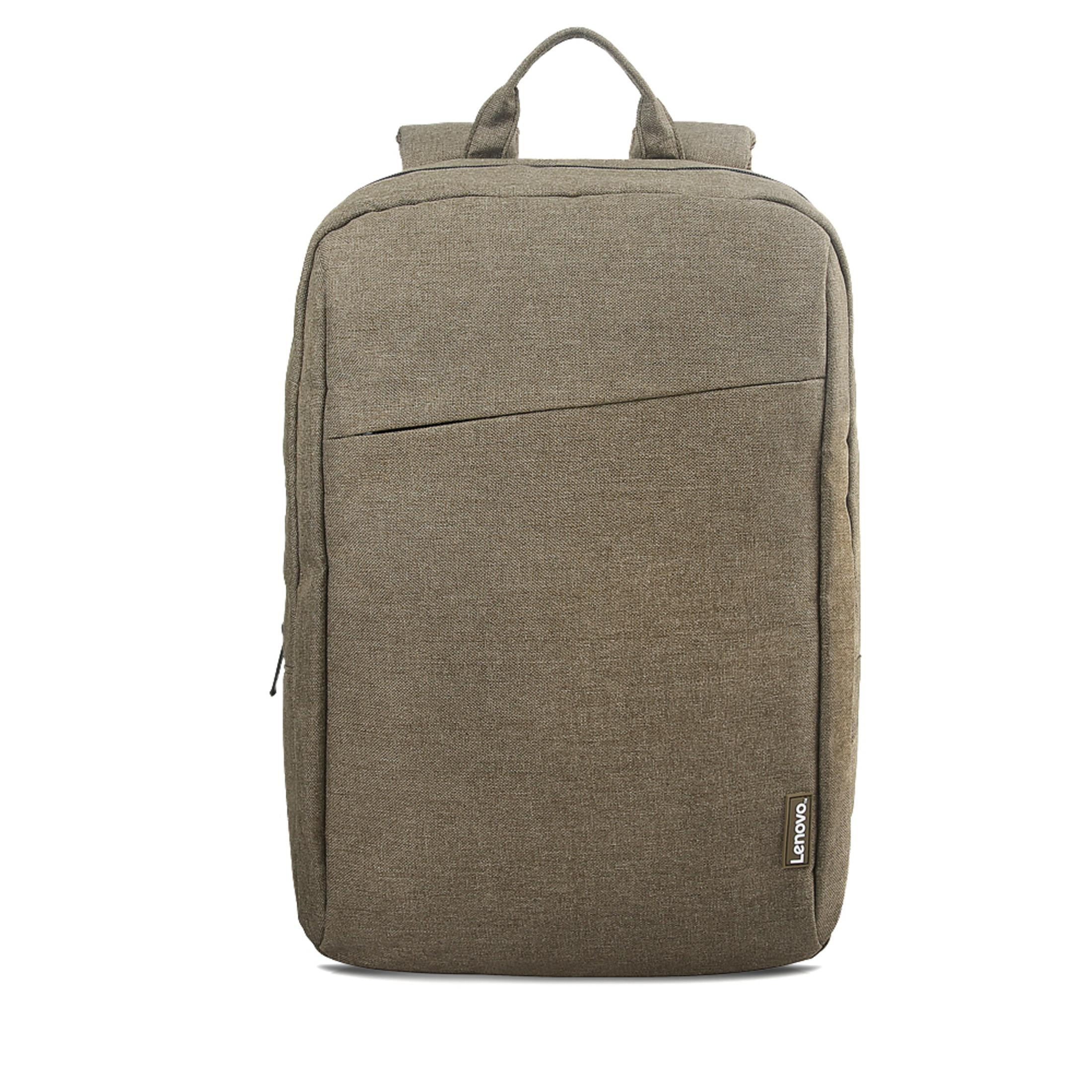Brauner Rucksack mit einer Vordertasche und einem Griff. Lenovo-Logo vorne.