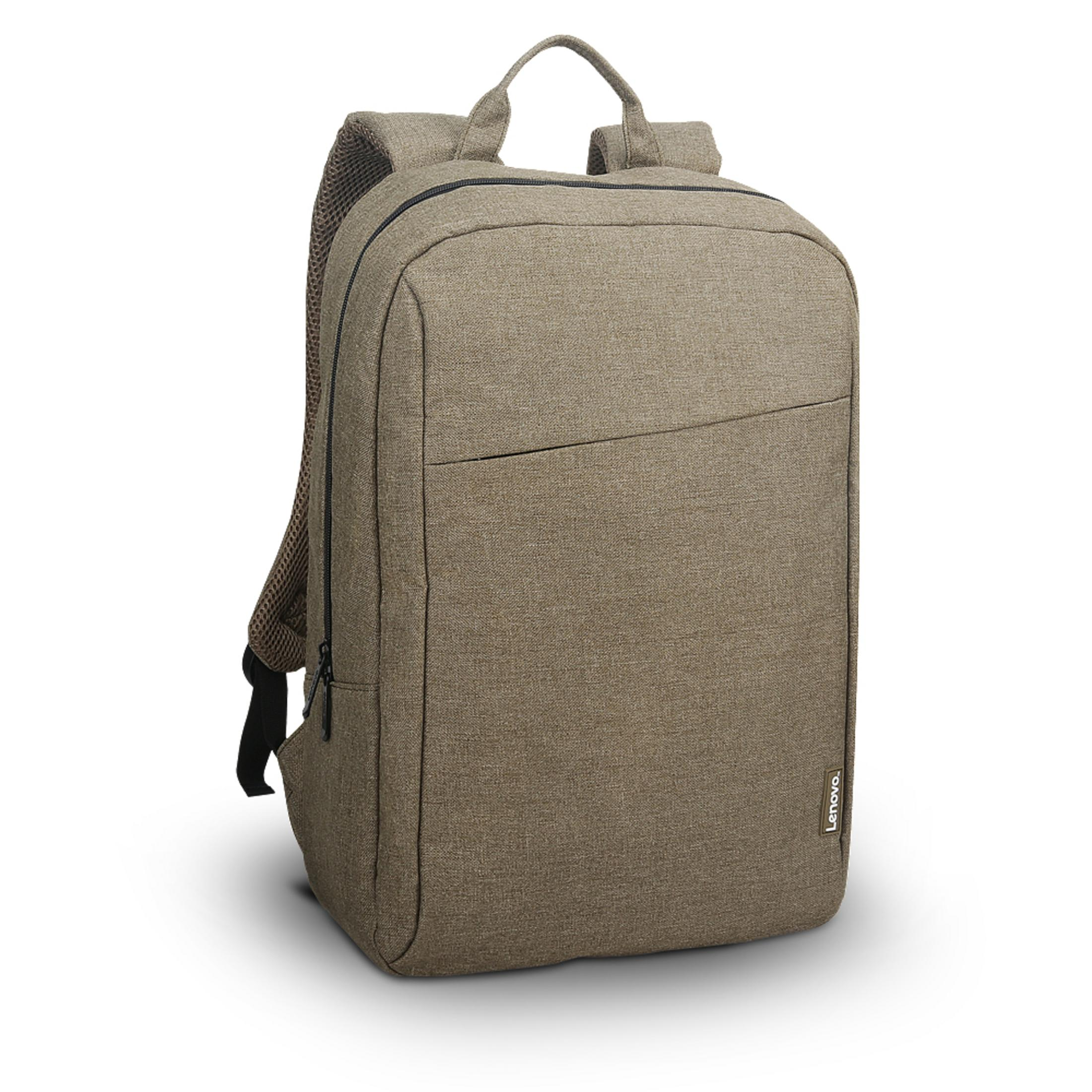 Beigefarbener Lenovo-Rucksack. Hauptfach und Vordertasche.