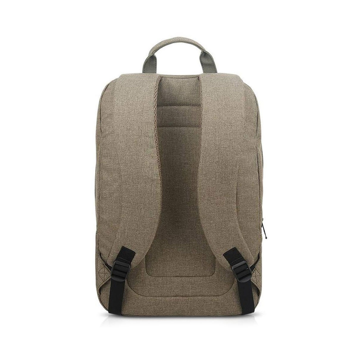 Rucksack, khakifarbend, mit schwarzen Trägern. Er hat einen Griff oben und zwei Träger auf der Rückseite.