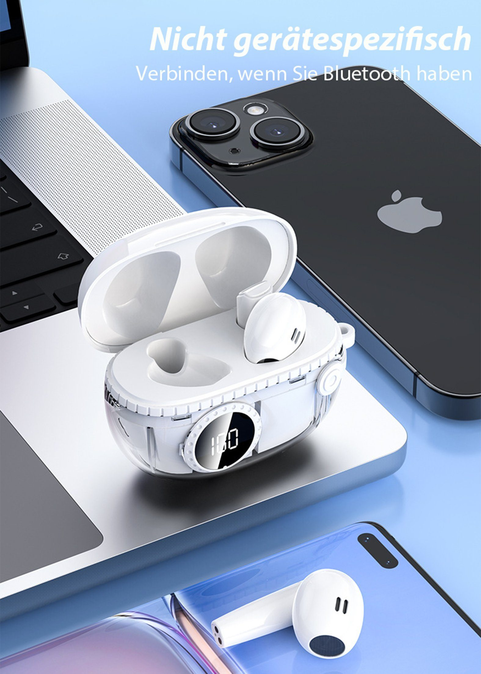 Białe bezprzewodowe słuchawki w przezroczystym etui na laptopie. Telefon jest na niebieskim tle.