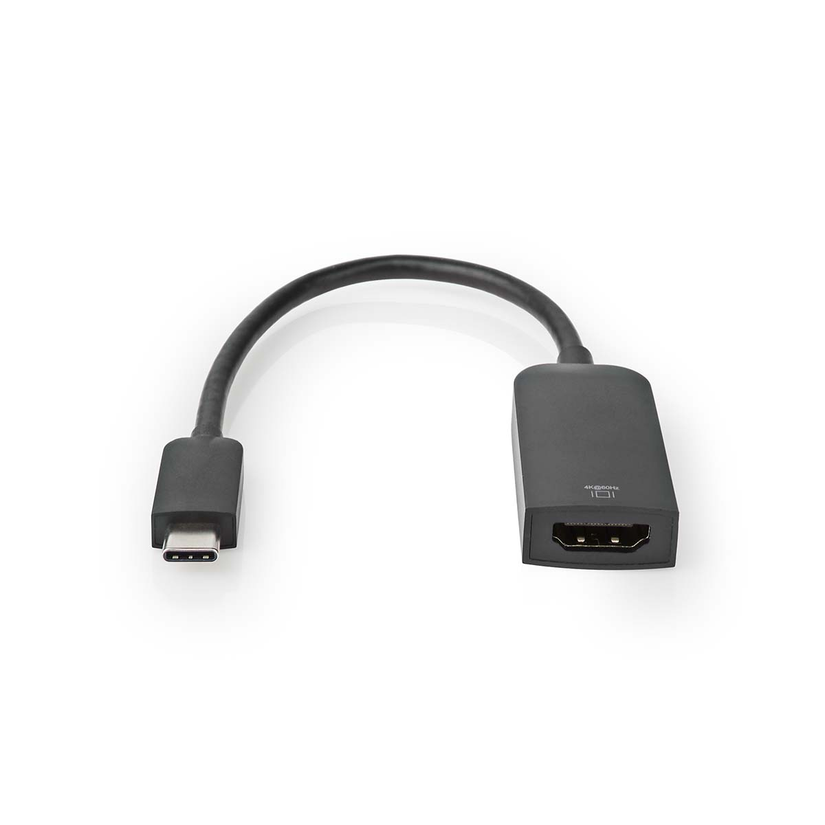 Ein schwarzes USB-C-zu-HDMI-Adapterkabel auf weißem Hintergrund.