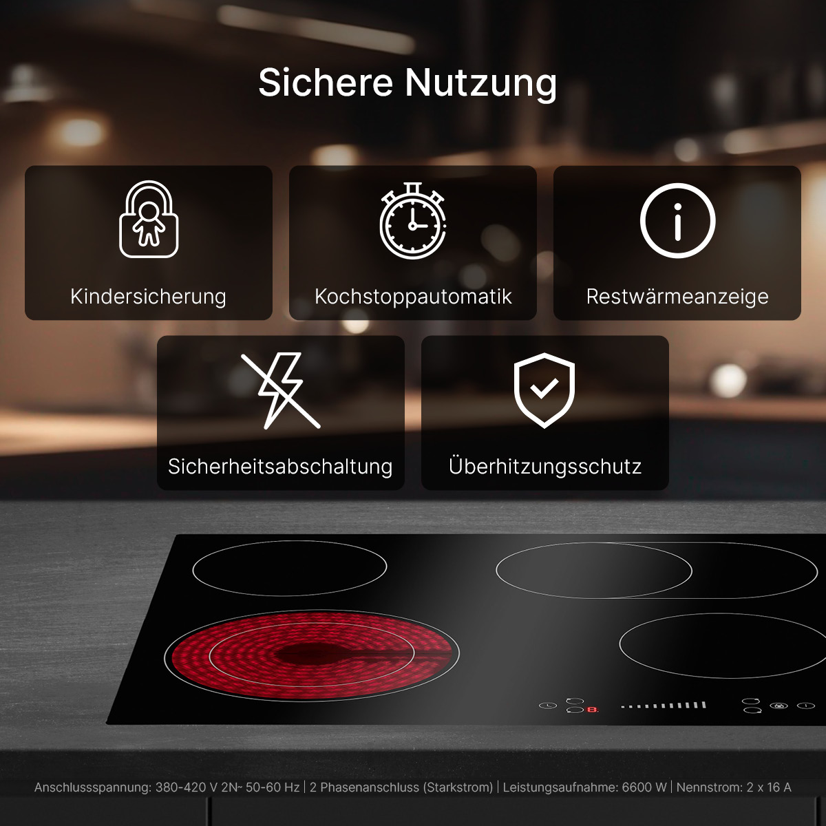 Schwarzes Kochfeld mit fünf Symbolen, darunter Schloss, Timer und Hitze. Roter Heizring ist an.