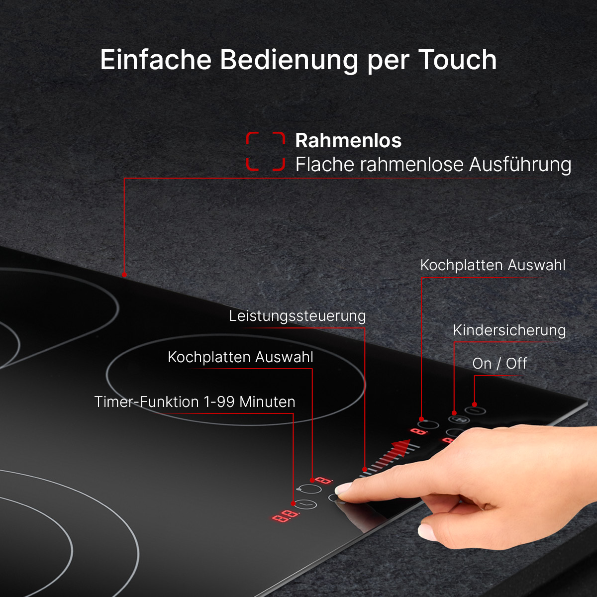 Ein schwarzes Induktionskochfeld mit Touch-Bedienelementen. Eine Hand berührt die Oberfläche.