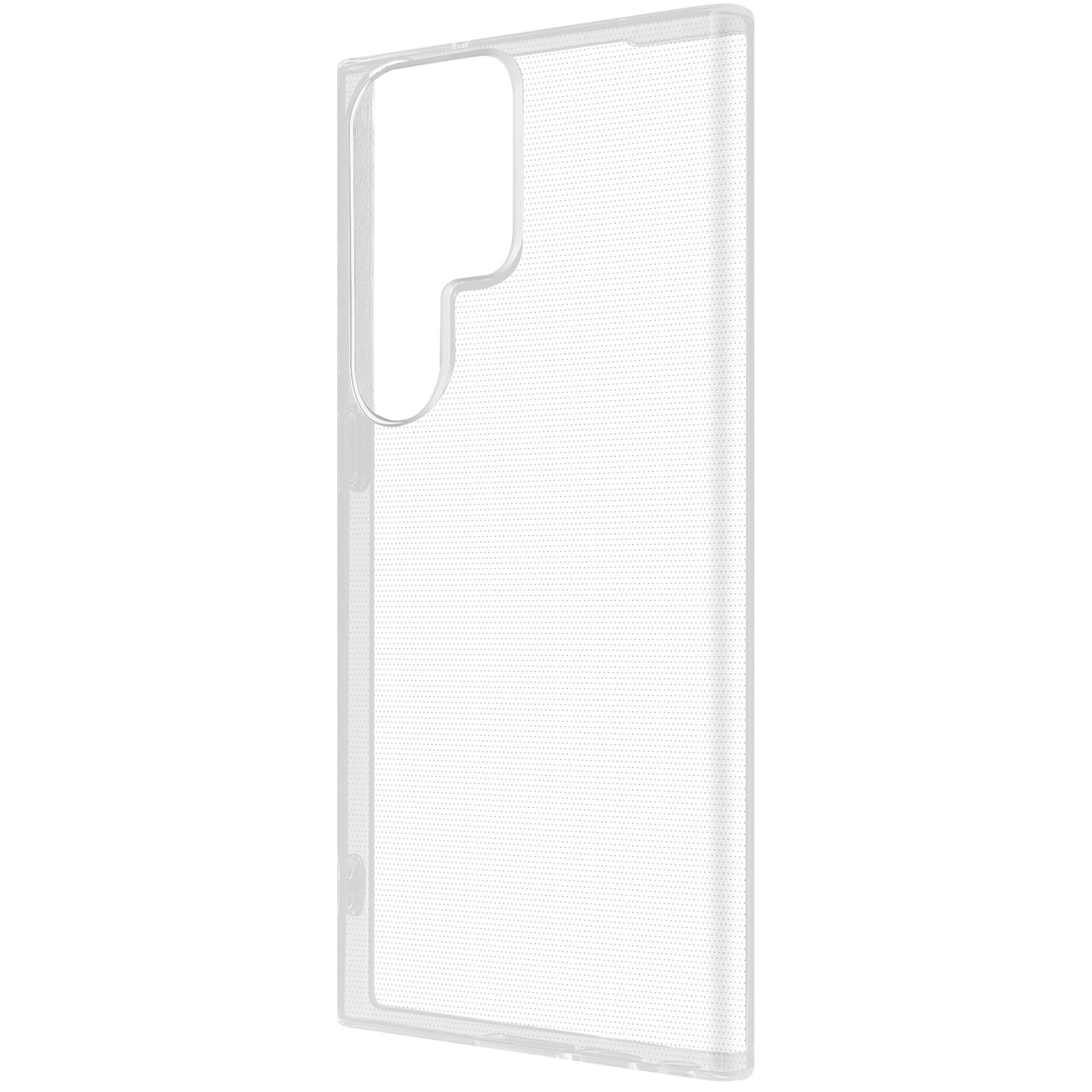 Transparante telefoonhoes. Het heeft een uitsparing voor de camera en knoppen, met een gestippelde textuur.