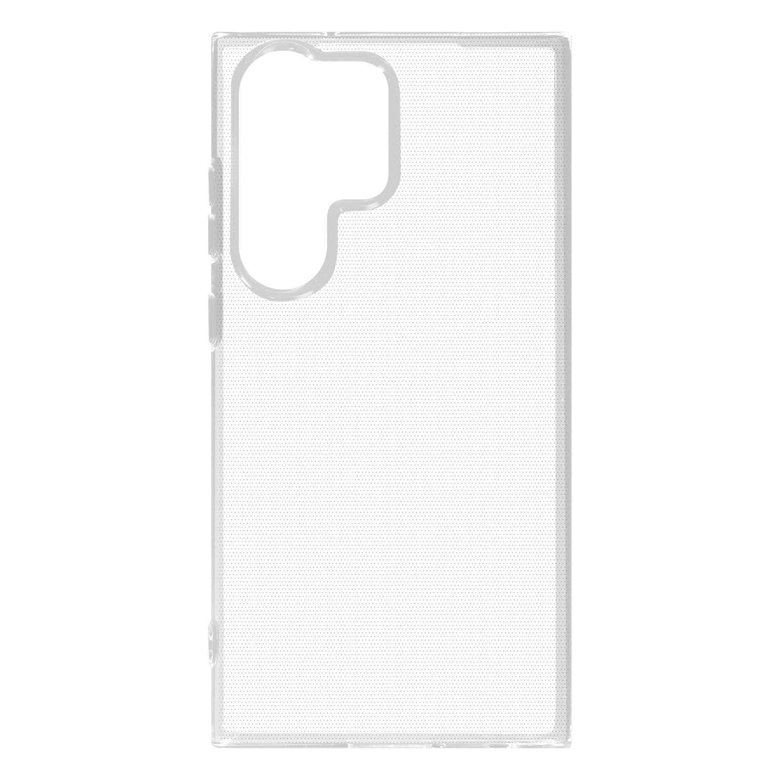 Transparante telefoonhoes met uitsparingen voor camera en knoppen. Op een wit oppervlak.