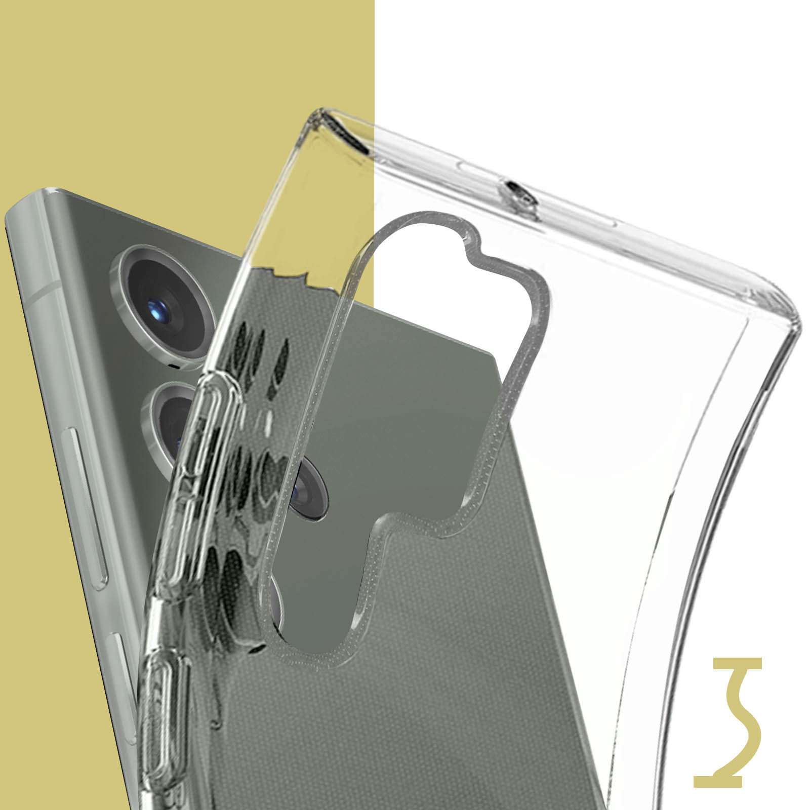 Transparante telefoonhoes op een telefoon, die de camera aan de achterkant en het ontwerp toont.