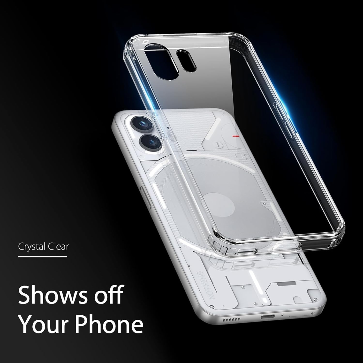 Ein Telefon in einer durchsichtigen Hülle. Das Telefon ist weiß. Die Hülle zeigt das Design des Telefons.