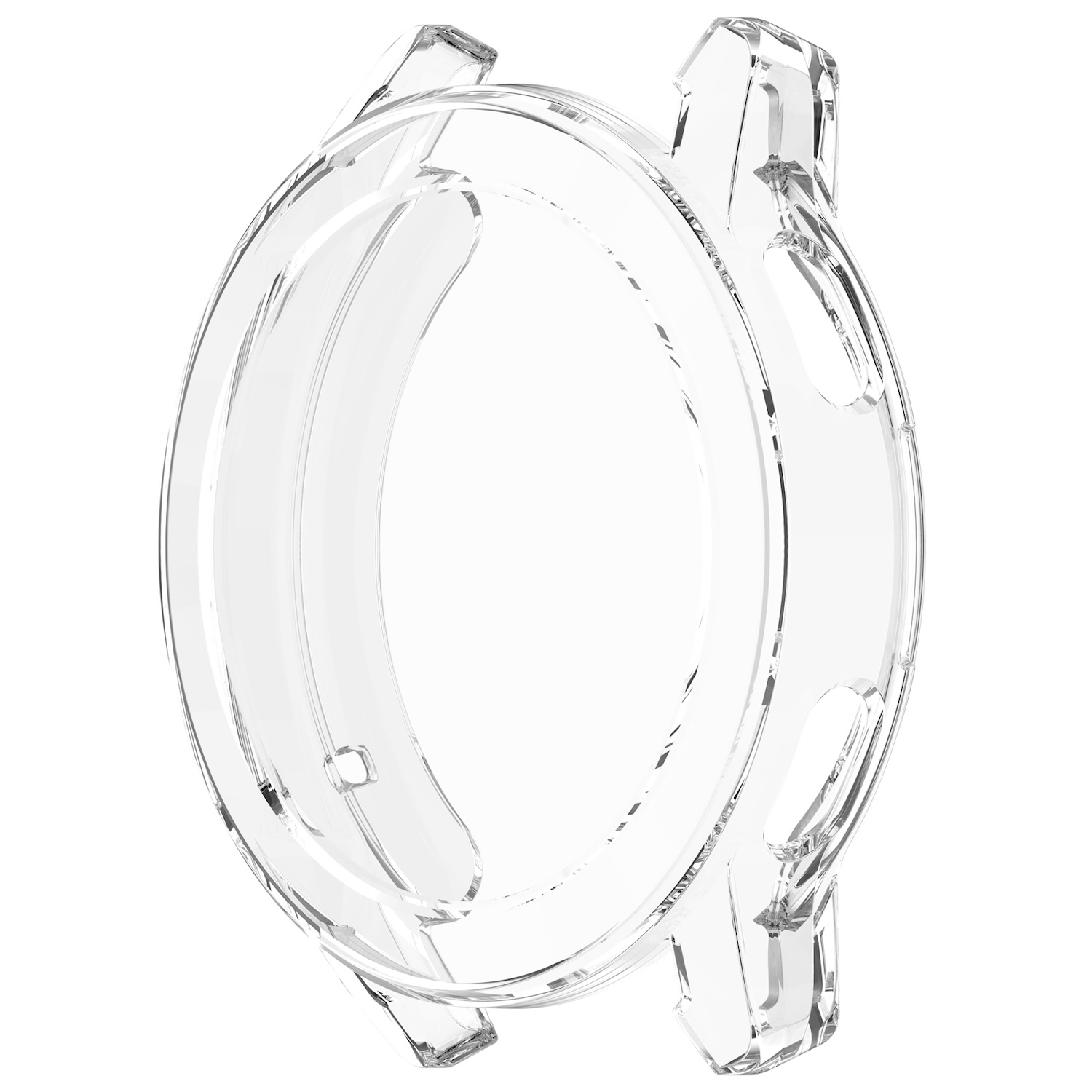 Eine transparente Uhrenhülle, runde Form, mit Aussparungen für Knöpfe und Armbänder.
