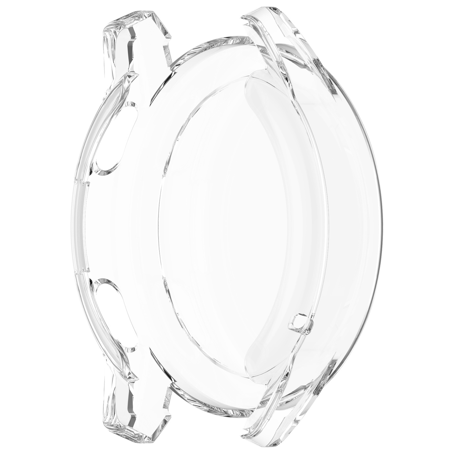 Transparenter Uhrengehäuseschutz mit geschwungenen Kanten und Öffnungen.