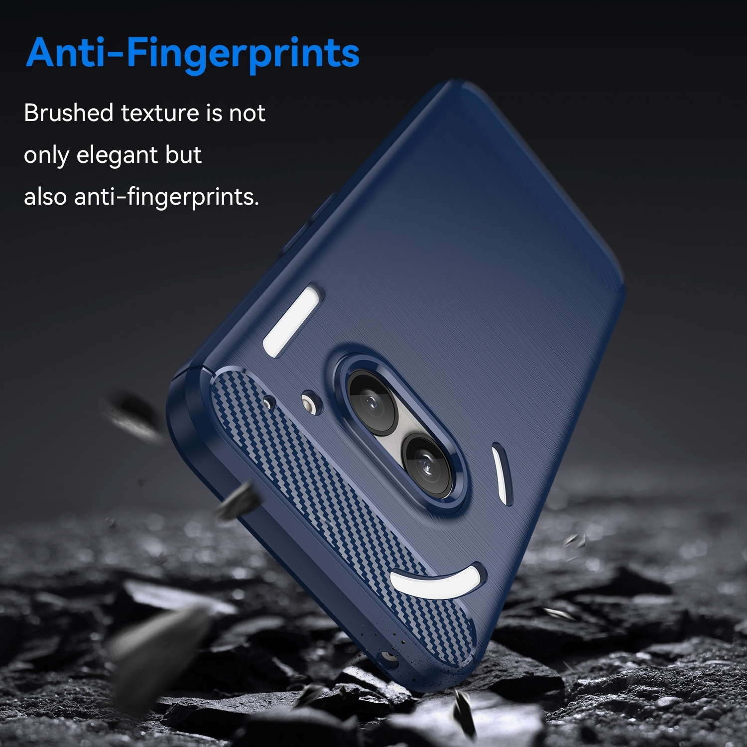 Blaue Handyhülle, gebürstete Textur, mit dem Text Anti-Fingerprints und fallend.