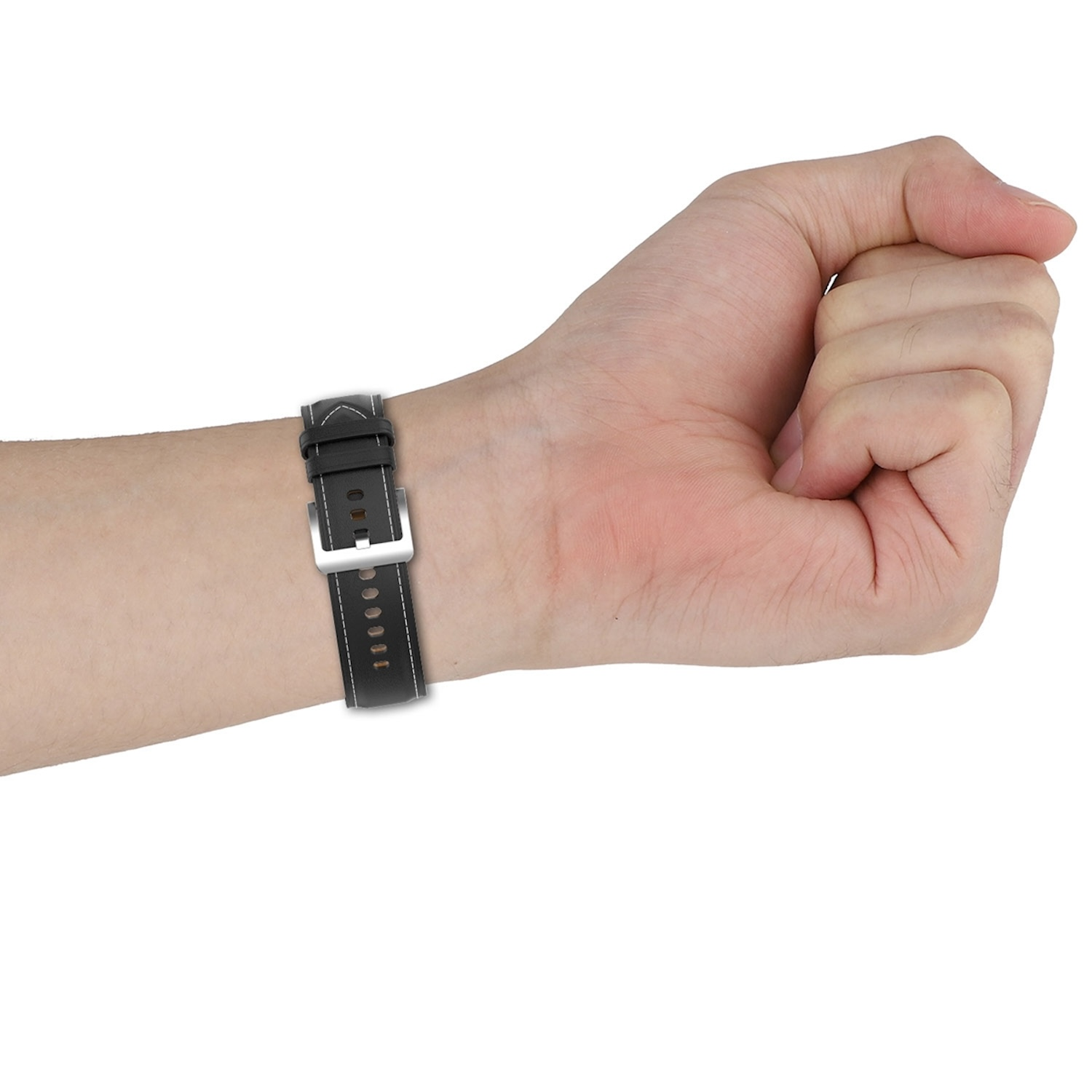 Handgelenk mit schwarzem Uhrenarmband. Das Armband ist aus Leder.