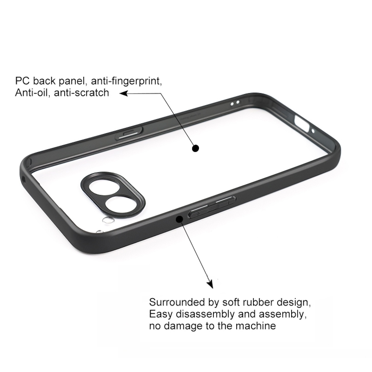 Eine transparente Handyhülle mit schwarzen Rändern. Textdetails 'PC-Rückwand', 'Anti-Fingerprint' und 'Anti-Kratzer'.