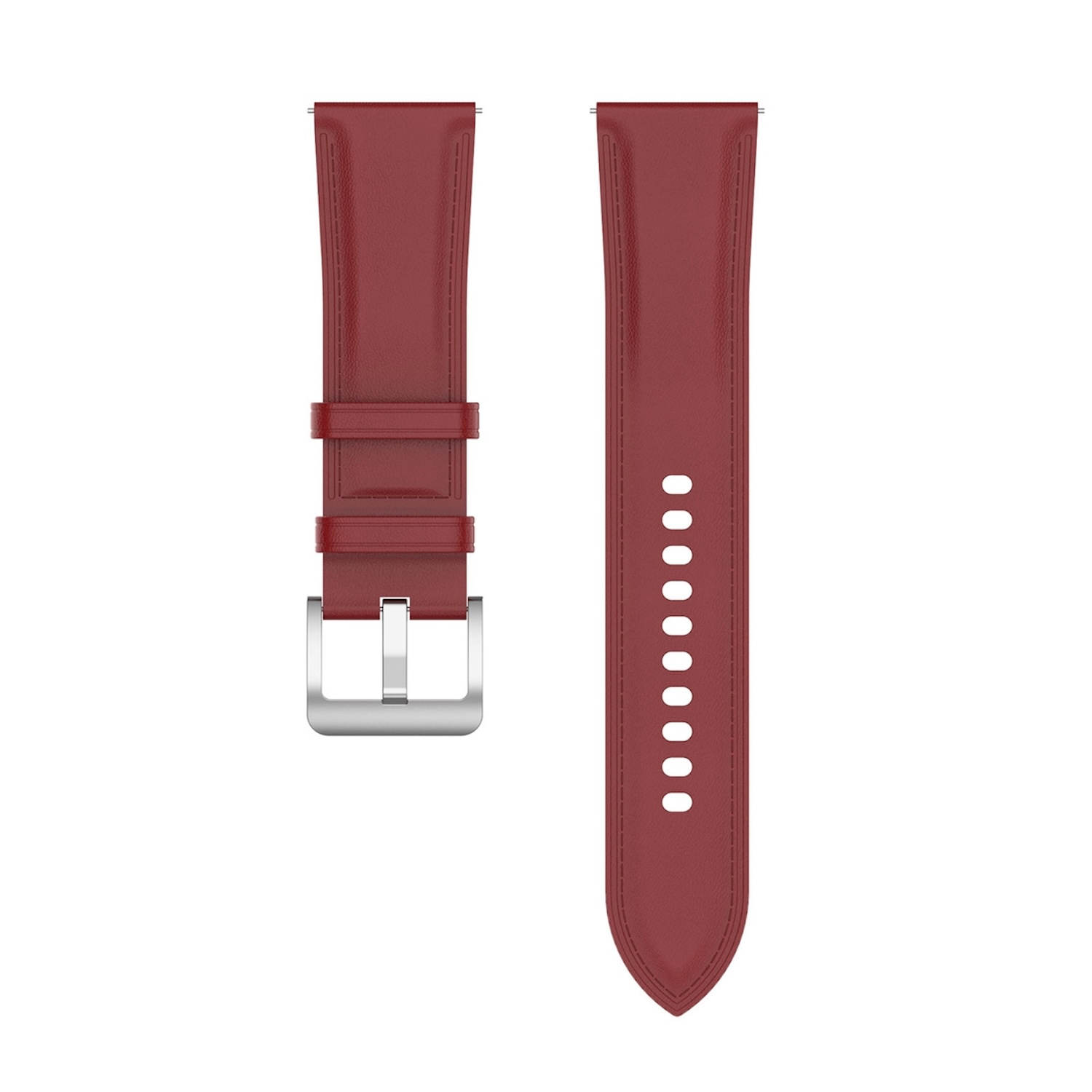 Zwei rote Armbänder, eines mit Schnalle, das andere mit Löchern, vor weißem Hintergrund.