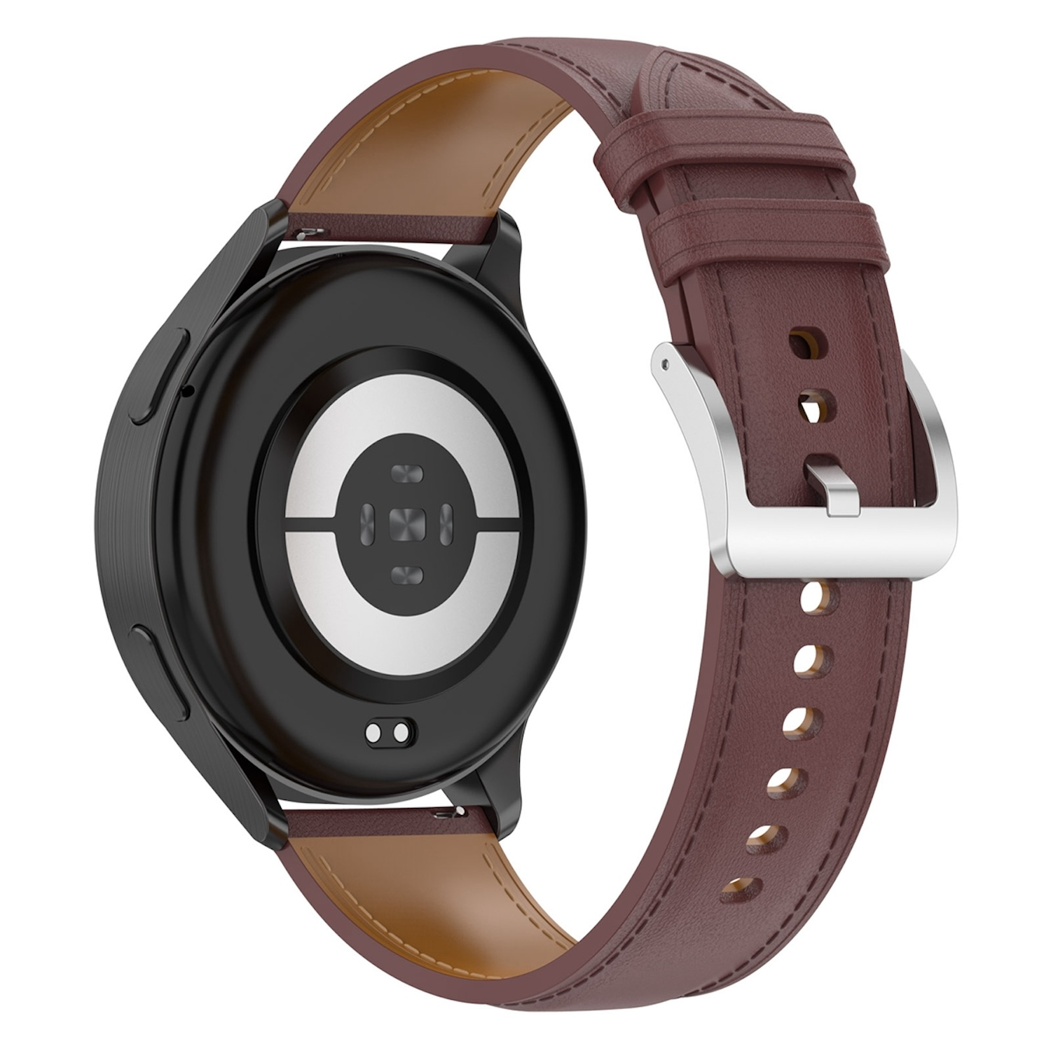 Eine schwarze Smartwatch mit weinrotem Lederarmband und silberner Schnalle.