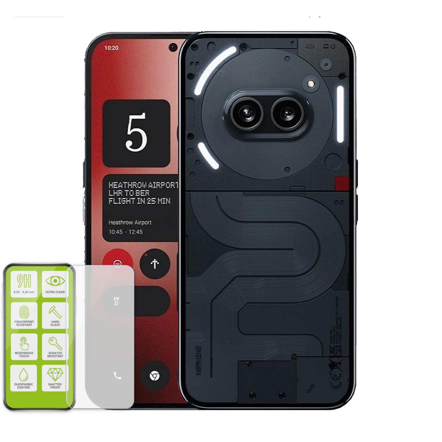 Schwarz-weißes Smartphone, Bildschirm mit Infos, mit Displayschutz.