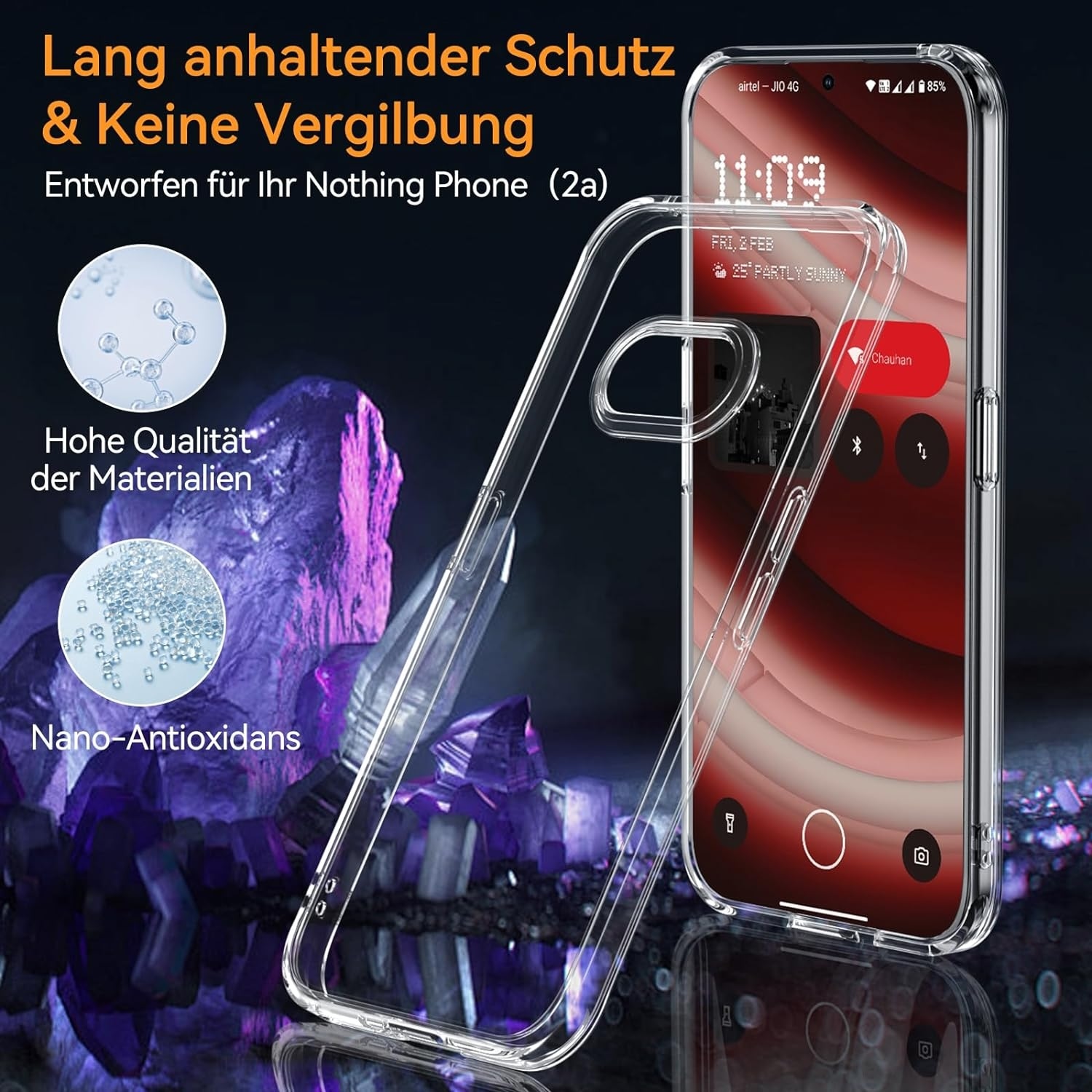 Telefonbildschirm mit einer transparenten Hülle. Text und Grafiken zur Handyhülle im Bild.