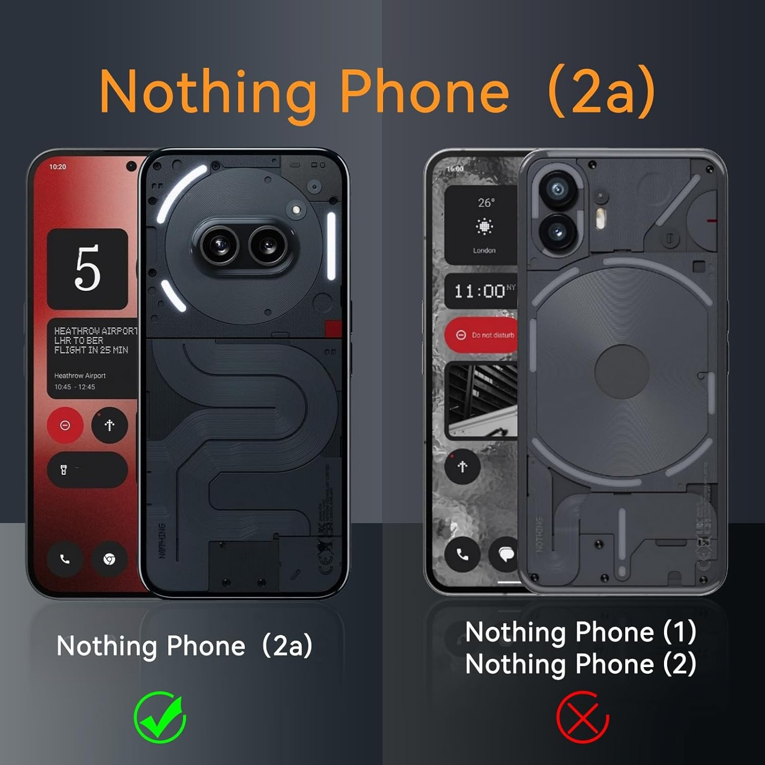 Zwei Handys, Nothing Phone (2a) und Phone (1), zeigen Bildschirme. Das (2a) hat ein grünes Häkchen.