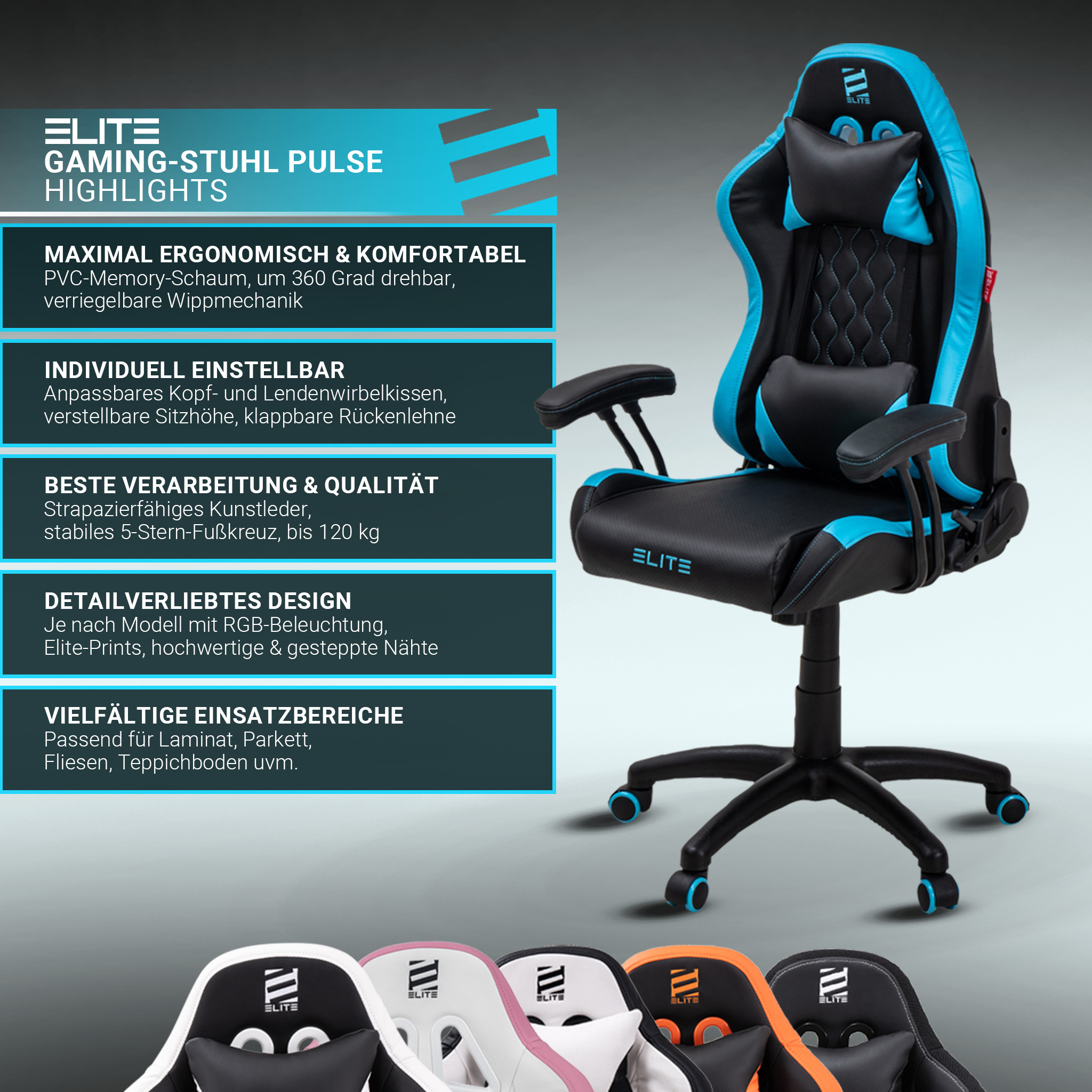 Gaming-Stuhl, schwarz und blau, auf weißem Hintergrund. Text beschreibt Funktionen.